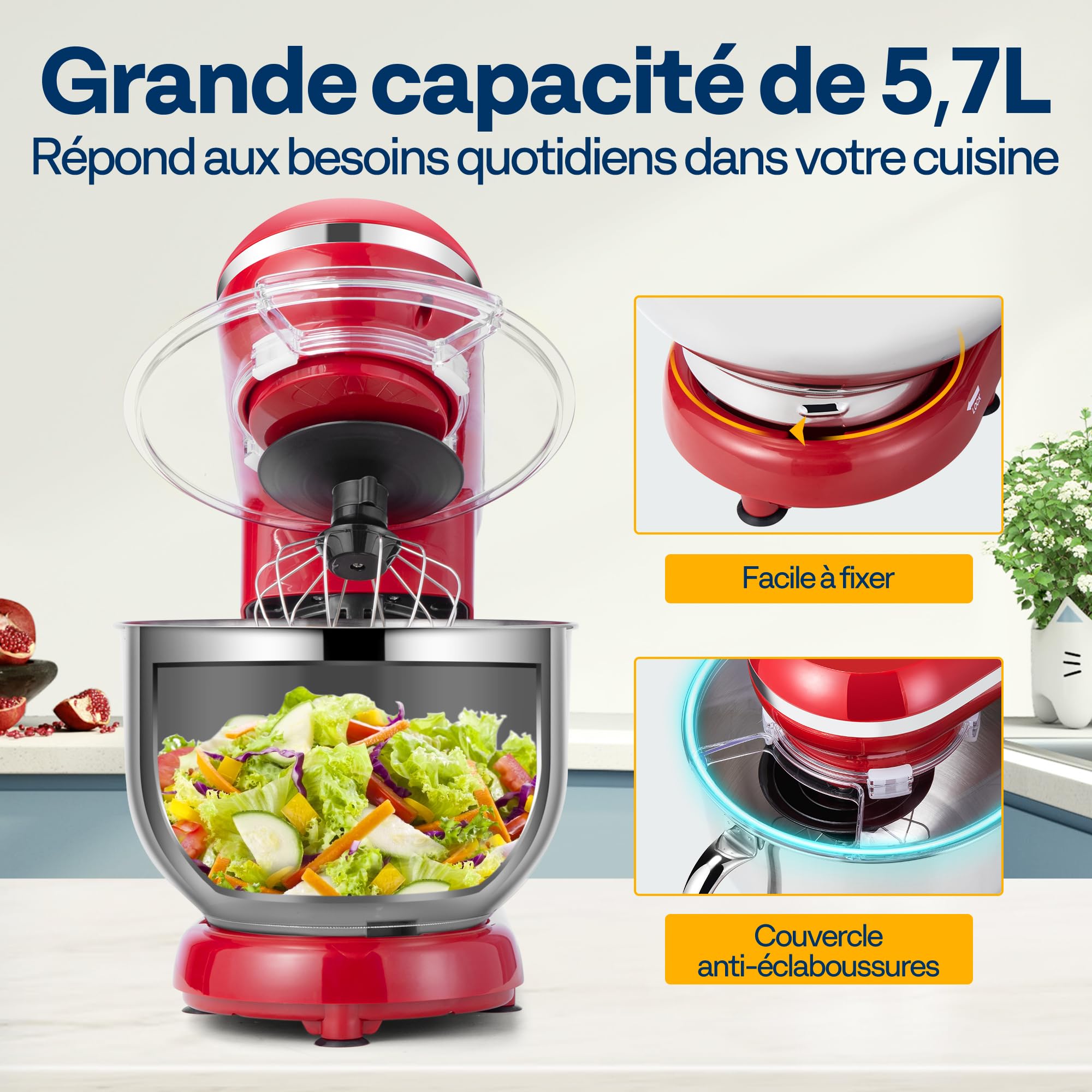 VIVOHOME Robot Pâtissier 1500W 5,7L 10 Vitesses avec Bol Inox | Batteur Sur Socle avec Crochet Pétrisseur Fouet et Bol Acier Inoxydable pour Pâtes Gâteaux Desserts