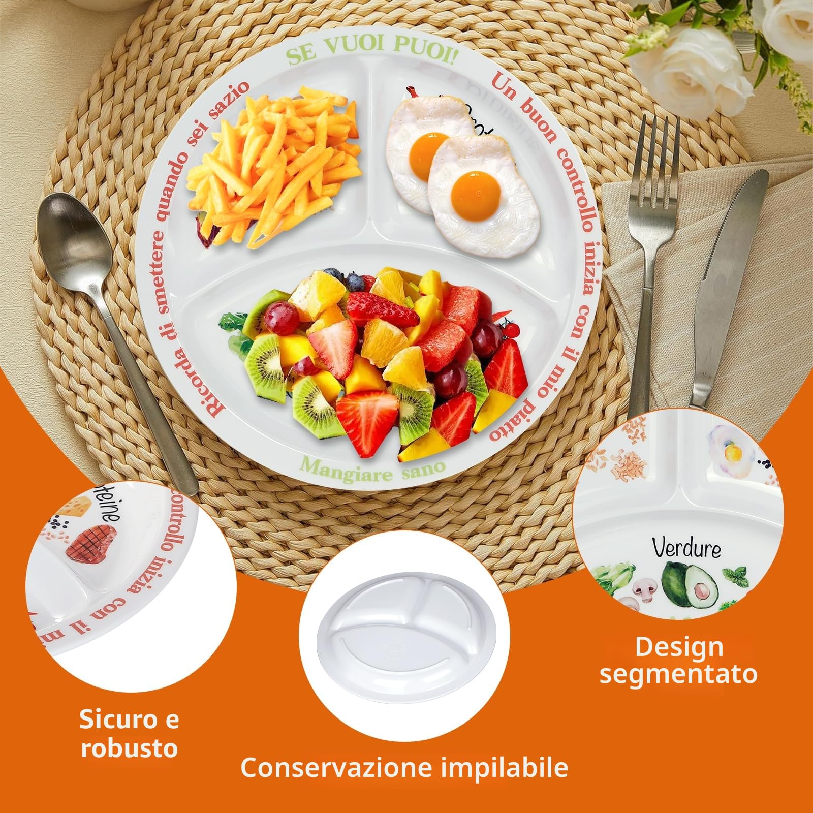 Piatto di controllo porzioni per una dieta equilibrata - Piatto con dieta sana per adulti e adolescenti - suddivisioni in melamina, perdita di peso, diabetici (2)