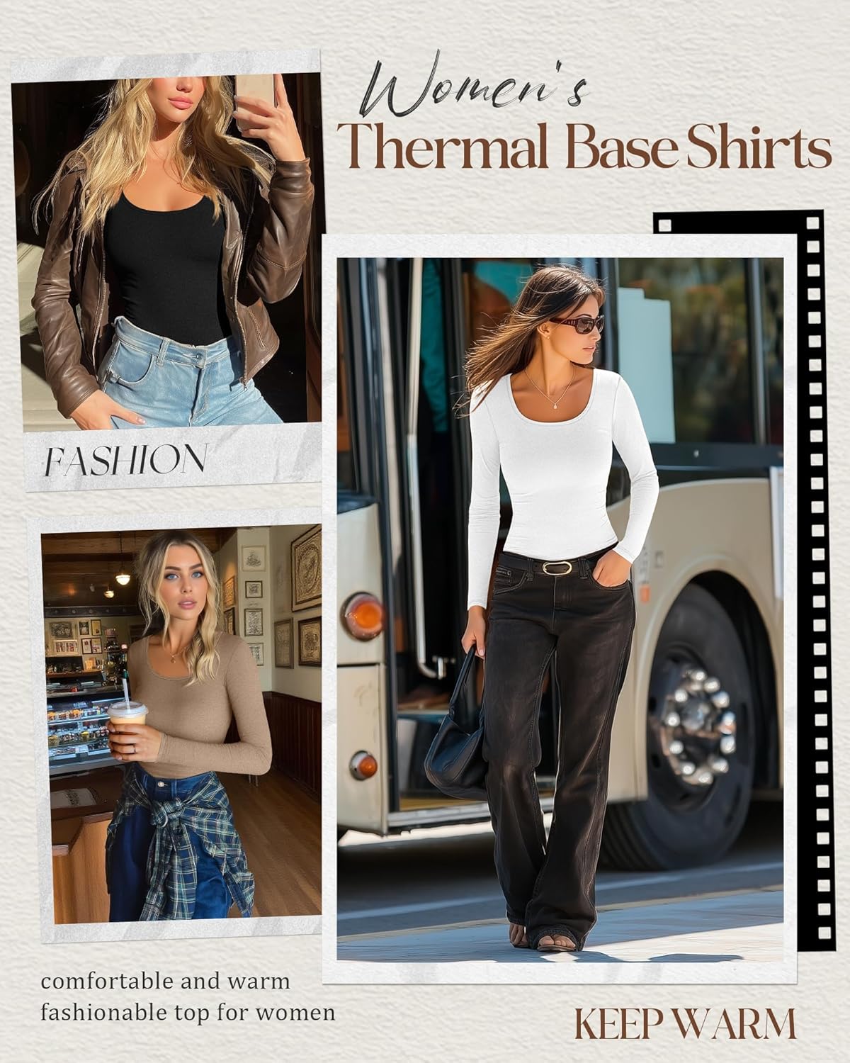 Ficerd 3 Pack Women's Thermal Long Sleeve Shirts Fleece Lined Scoop Neck Stretch Fitted Tops Winter Base Layer Underwear - Image 3