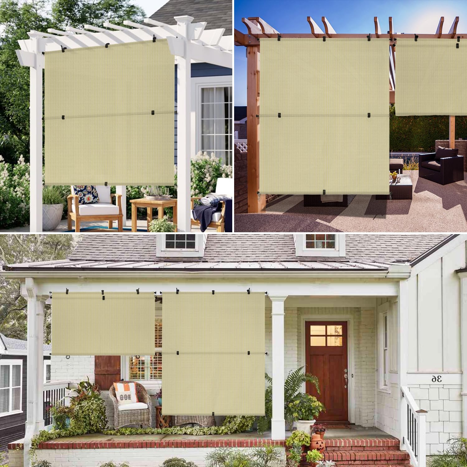 Windscreen4less 8'W x 6'H Outdoor Roll Up Foldable Shade Fabric UV Blockage Roller Shade for Deck Pergola Yard Gazebo Patio (Beige)