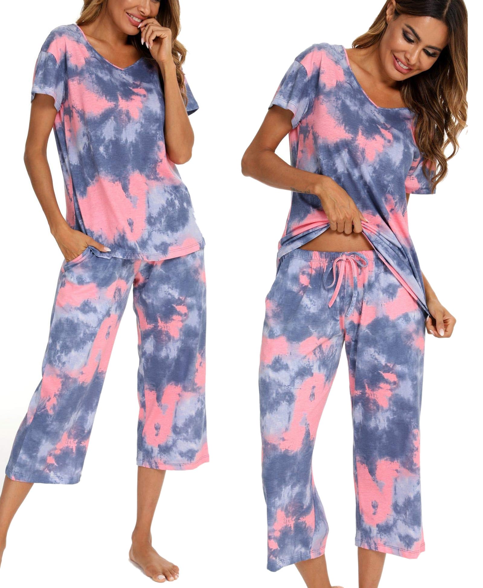 Pyjama Femme Été Coton Manche Courte Ensemble Femme Ete avec T - Shirt à Manches Courtes et Capri 2 Pièces, S-XXXL