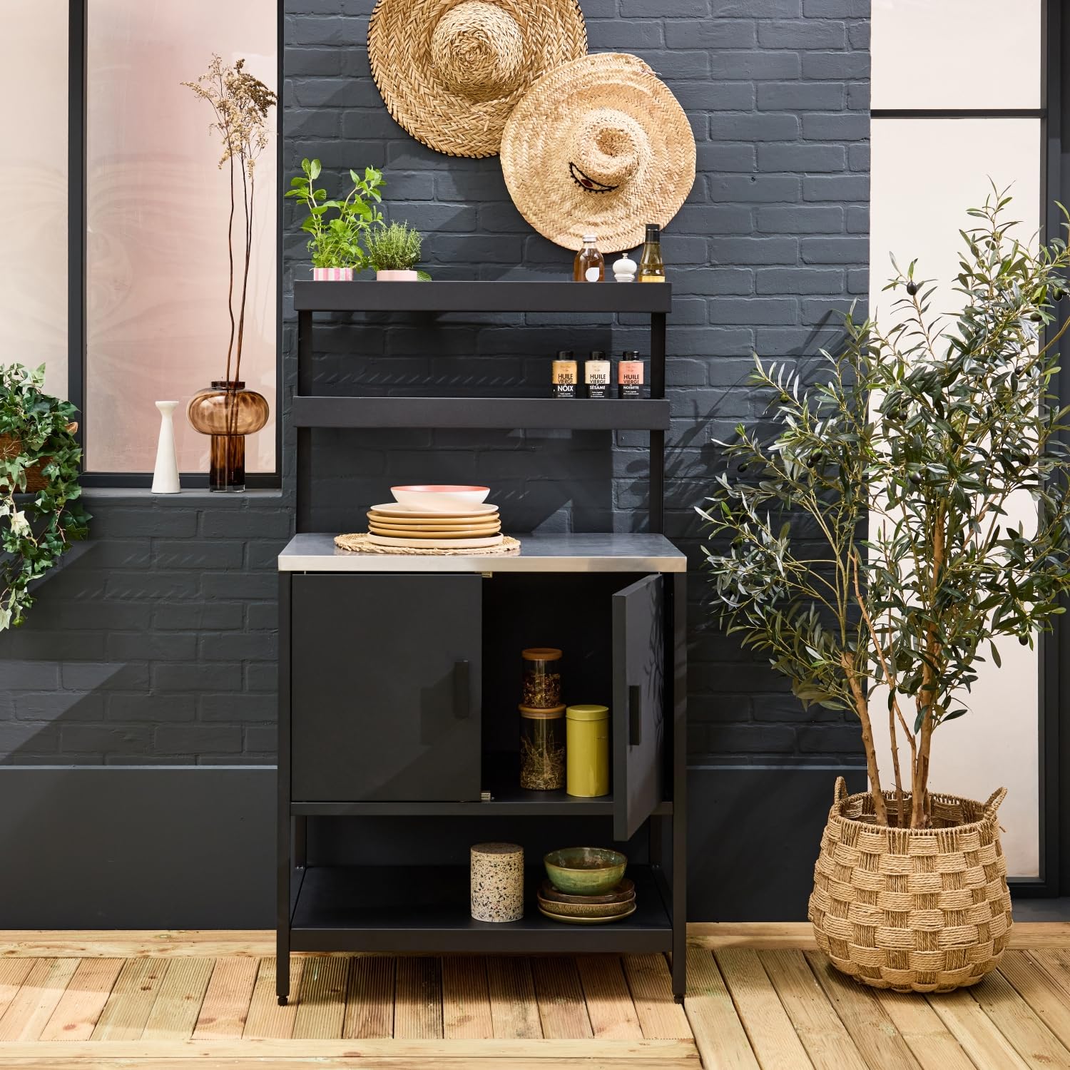 Cucina da esterno modulare in acciaio con 2 ripiani sospesi e 2 ante, 80cm, Naxos, Nero, 80x51x142 cm