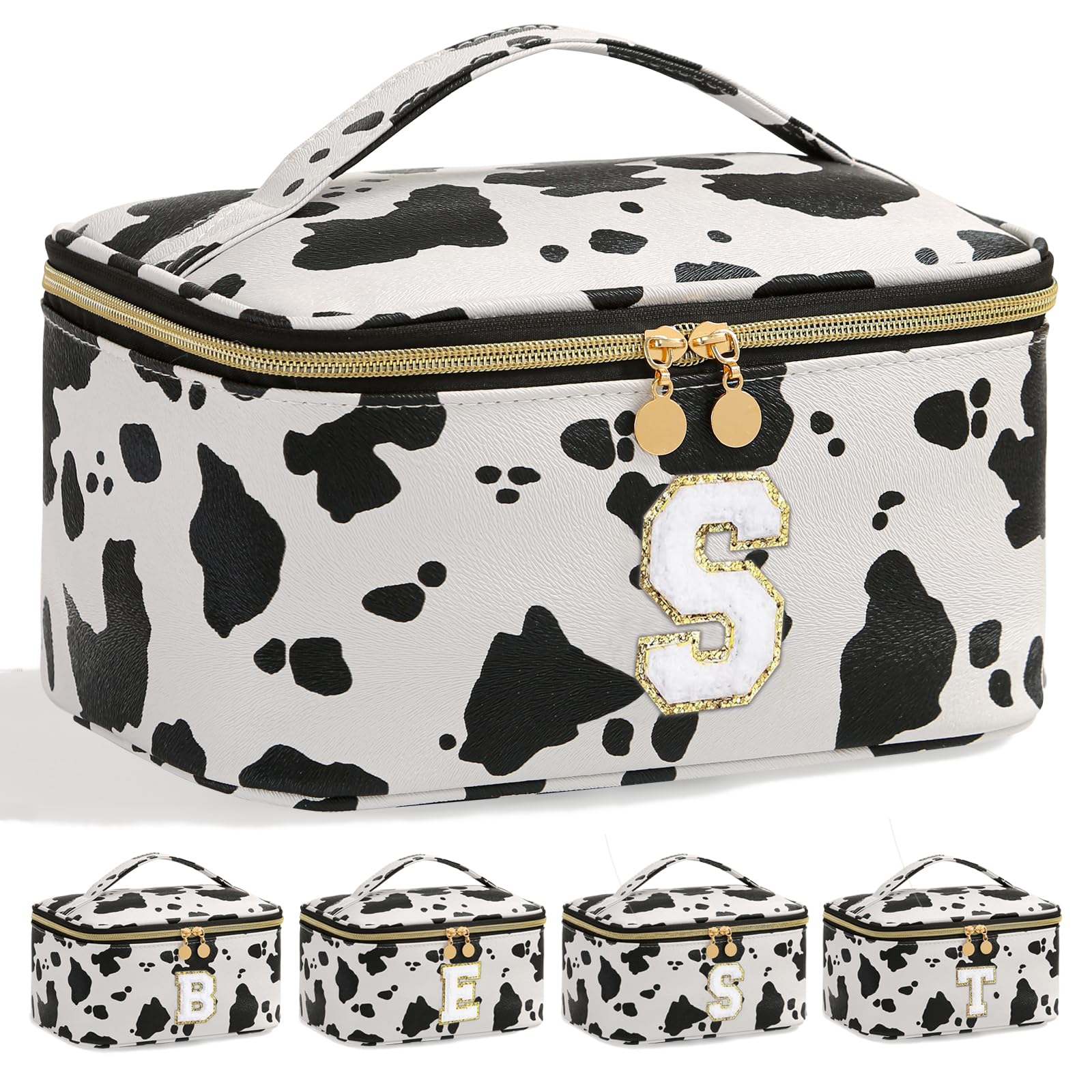 Meiyuuo Large Makeup Bag Portable Preppy Rainbow Colour Travel Pro Cosmetic Pouch Cute Cow Print Personalized Toiletry Organizer with Removable