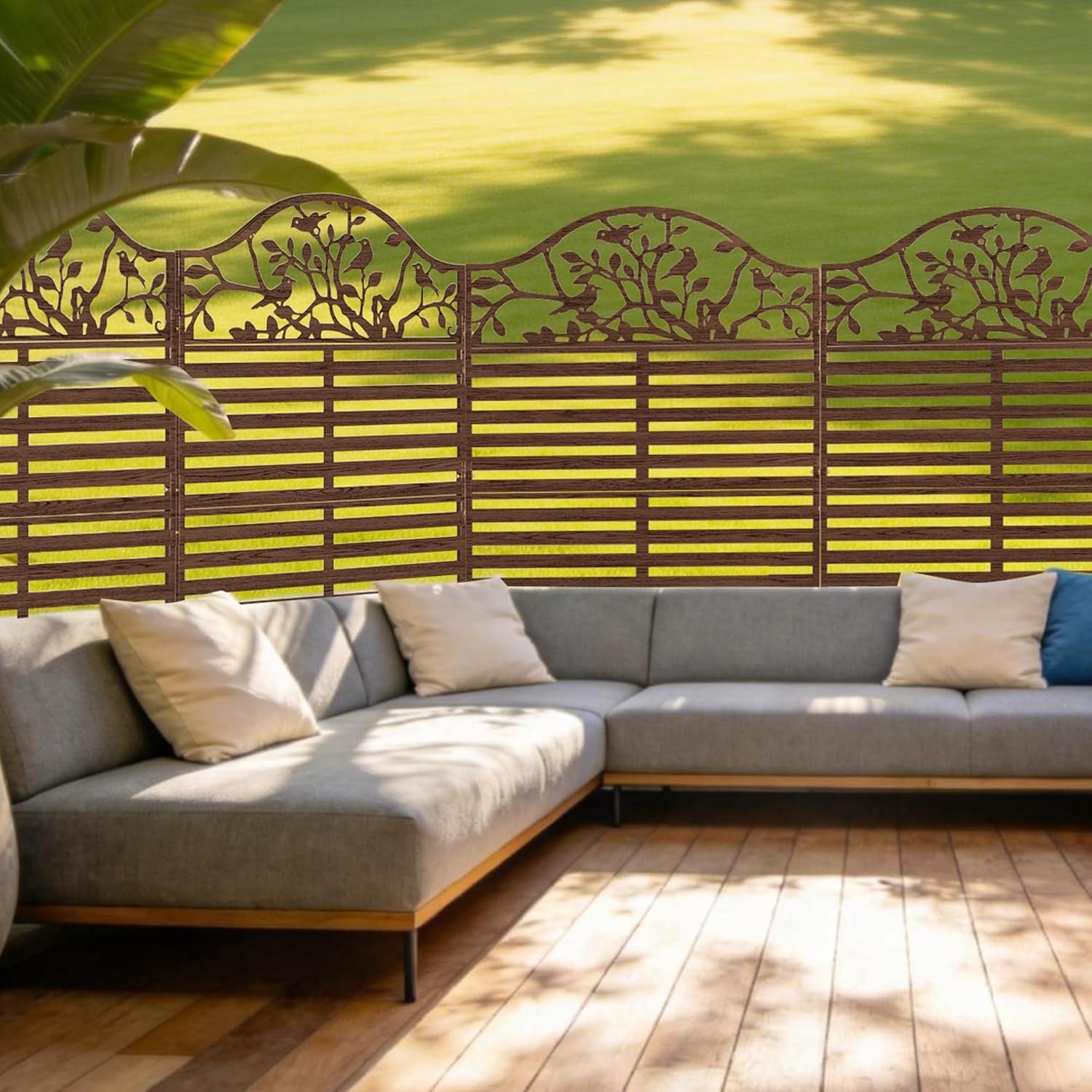 Metal Outdoor Privacy Screen, 74" H x 45" W Freestanding Privacy Panels with Tree Bird Design, Weatherproof Decorative Fences for Outside,Porch,Balcony (Brown, 2 pcs)