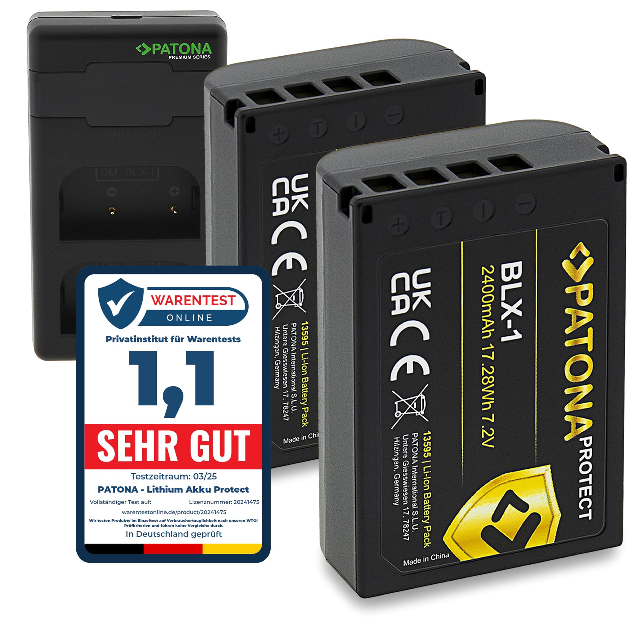 PATONA Set 2X BLX-1 Protect batería 2600mAh con Cargador PD Dual USB-C LCD | Carga rápida con fuente de 20W, compatible con Olympus OM-1, OM1 Mark II, OM-3, OM3, con NTC-Sensor y caja protectora