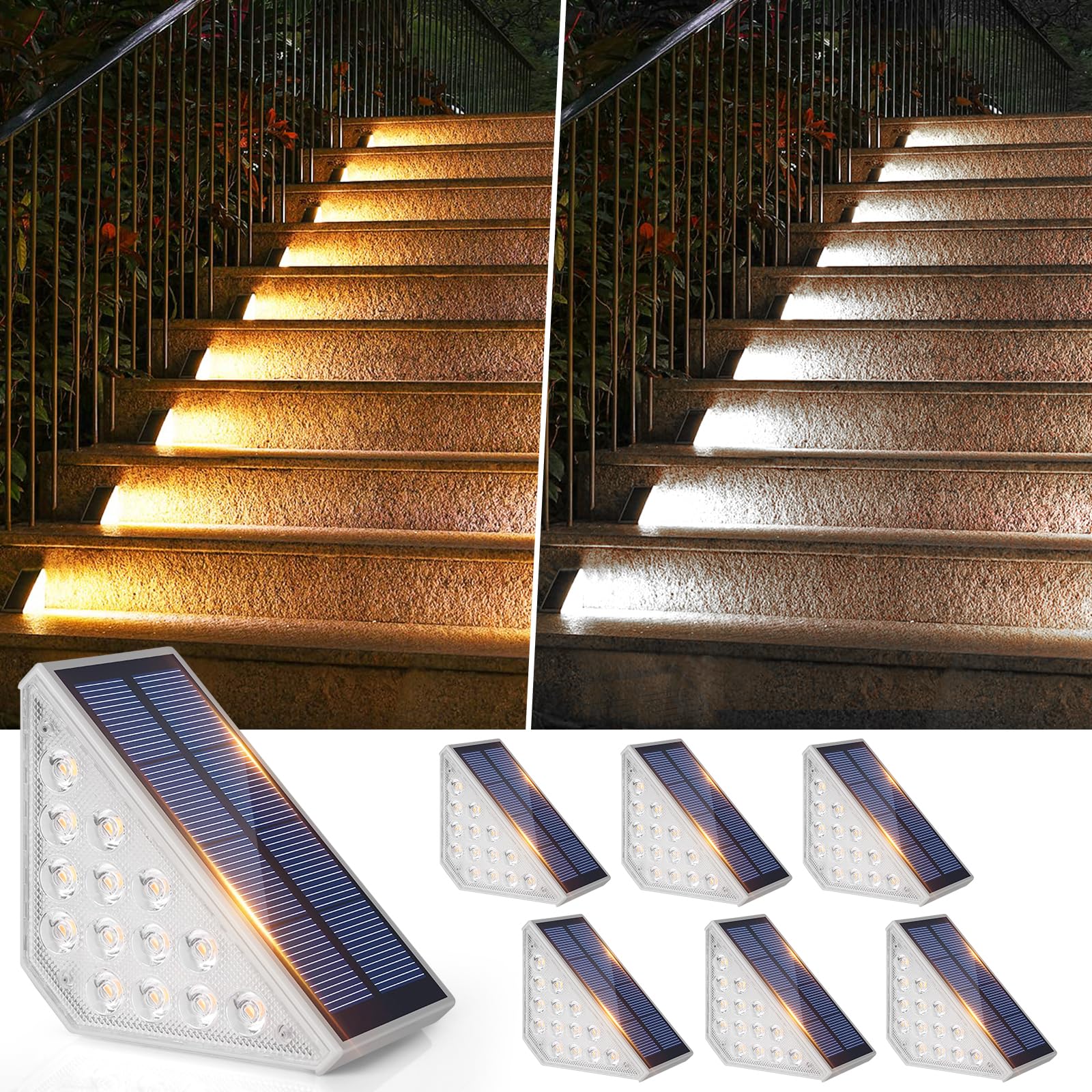 Solar Step Lights 6-Pack, Upgraded 2 in 1 LED Solar Stair Lights Waterproof, Outdoor Deck Lights with 2 Colors, Solar Lights for Outside Steps Stairs Sidewalk Yard Patio Porch, Warm White & Cool White