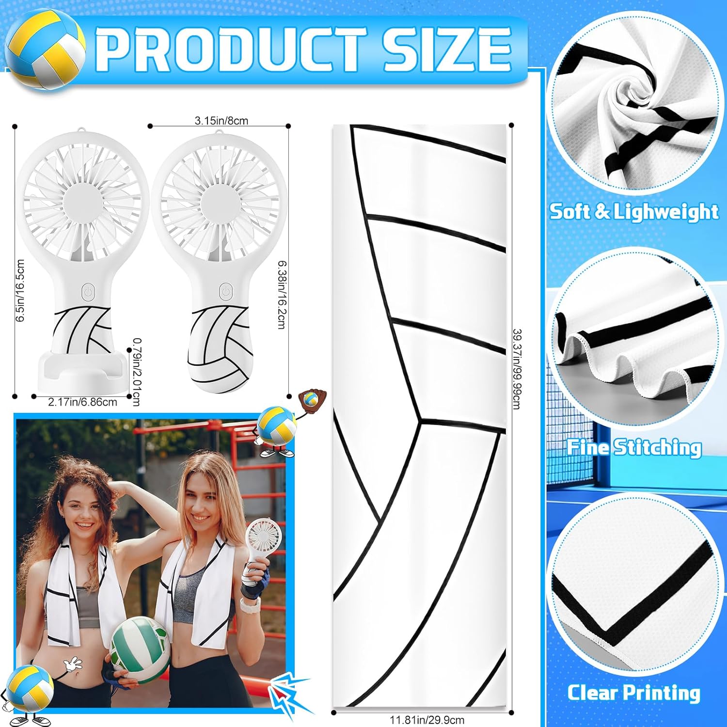 Woanger 24 Pcs Volleyball Cooling Towels and Fans Sets Mini Handheld Fans Bulk 3 Speeds USB Lash Towel for Sporting Volleyball Gifts for Team Games Party Favor