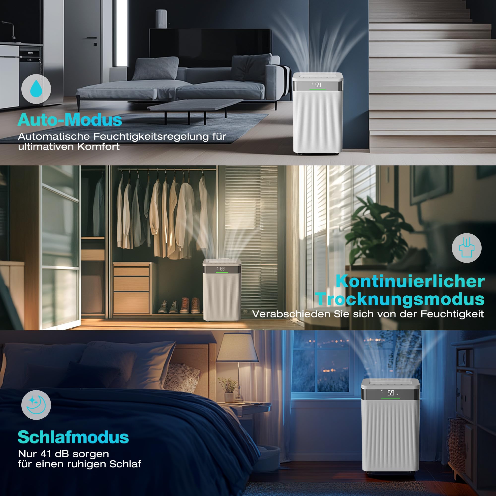 HAUSHOF Luftentfeuchter Elektrisch 20L/Tag, 41dB Leiser Entfeuchter Elektrisch mit Negativ-Ionen für 30m² Raum mit 4,5 L Tank und LED Anzeige, 3 Modi Tragbarer Raumentfeuchter für Schlafzimmer, Keller