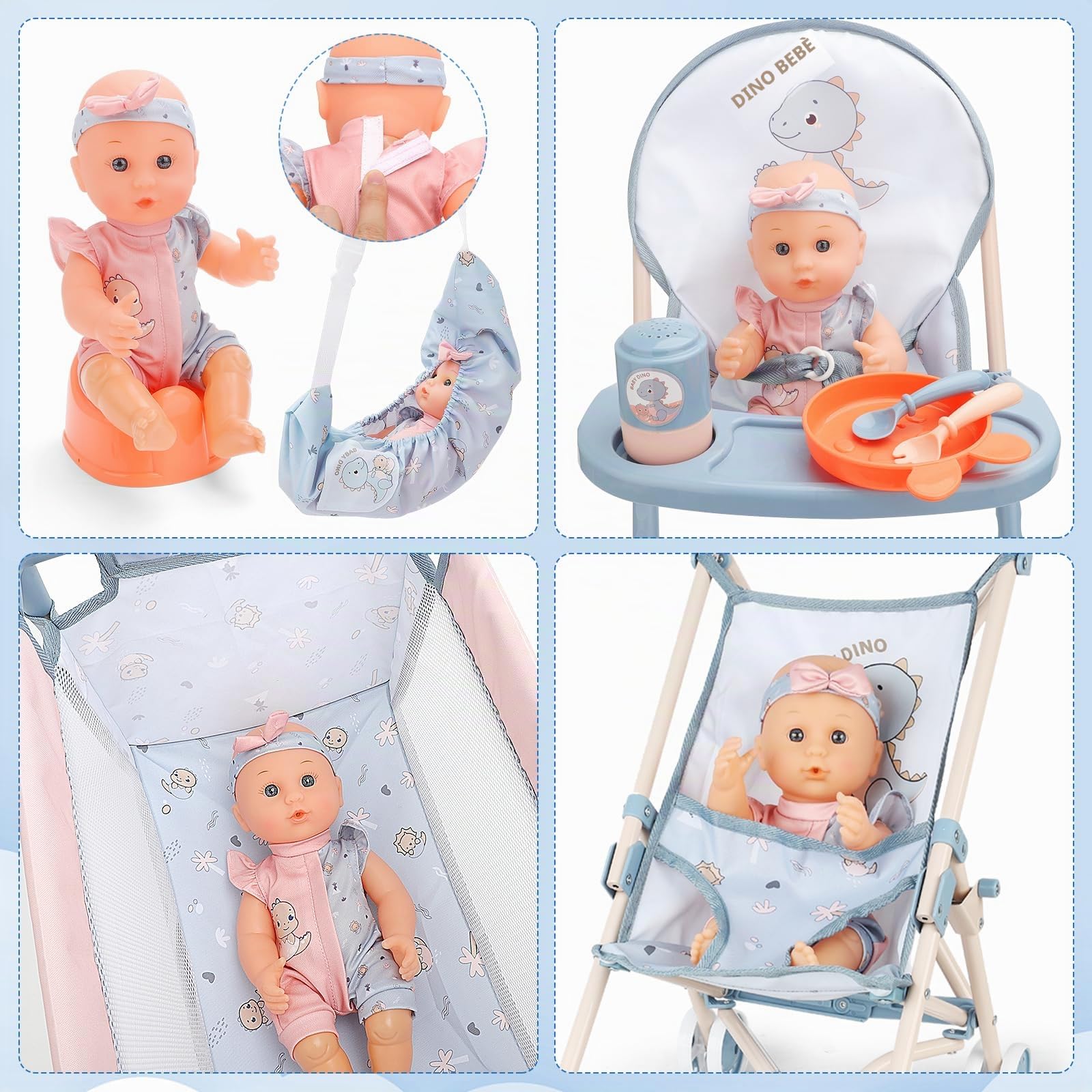deAO Set Bambola con Passeggino, 30CM Bambola Giocattolo, Culla, Seggiolone, Accessori, Borsa 2 in 1 Pieghevole, Gioco di Ruolo, Regalo per Bambine 3+ Anni | Borsa 2 in 1 Pieghevole, Biberon, Vasino, Stoviglie, Accessori Alimentazione, Gioco di Ruolo, Reg