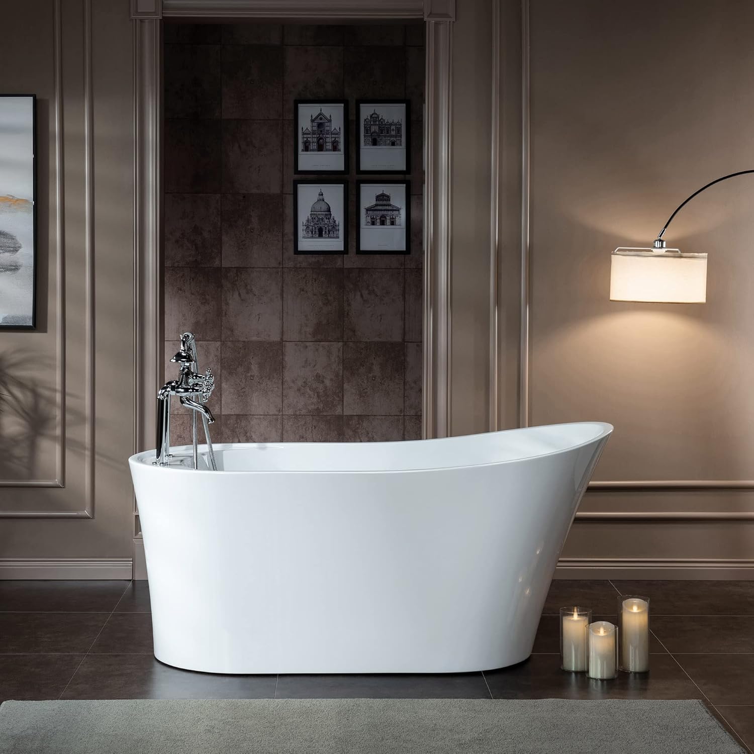 WOODBRIDGE Deck Mount Clawfoot Bathtub Faucet with 3 Metal Cross Handles and Telephone Style Hand Shower and Porcelain Handle, Chrome Finish