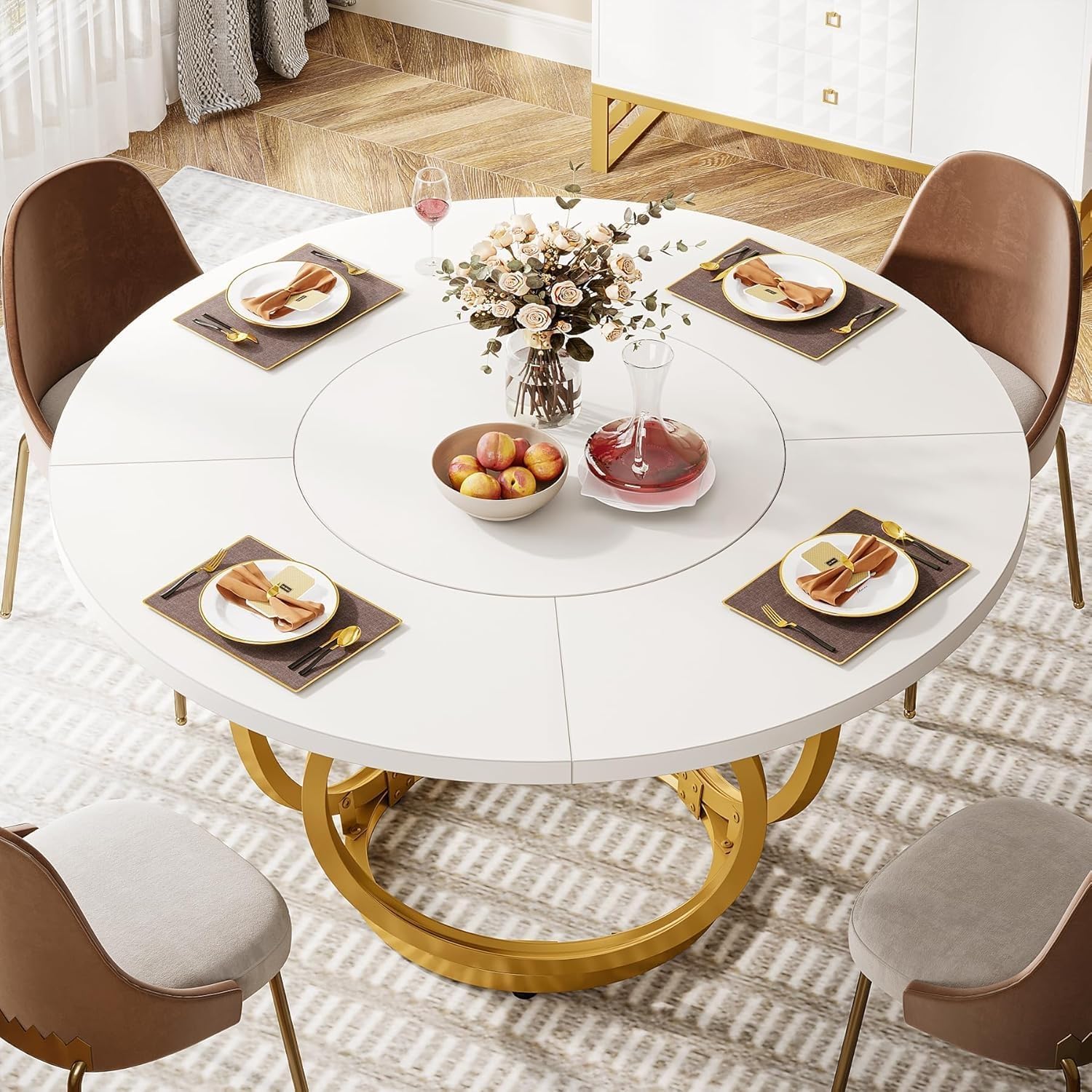 LITTLE TREE Esstisch Rund, moderner 120cm Küchentisch für 4-6 Personen, Couchtisch Beistelltisch mit 2 Ebenen & Metallrahmen für Wohnzimmer, Esszimmer und Küche, Weiß/Gold