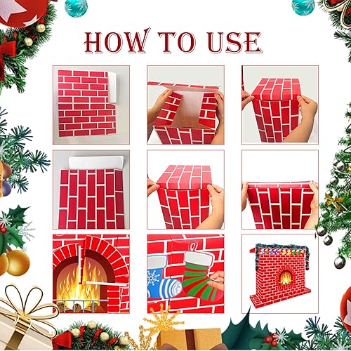 Miniatura 4 de Chimenea de cartón de Navidad de 41 x 35 pulgadas, 3D artificial de ladrillo rojo para chimenea con guirnalda de llama de fuego, calcetines, tarjeta