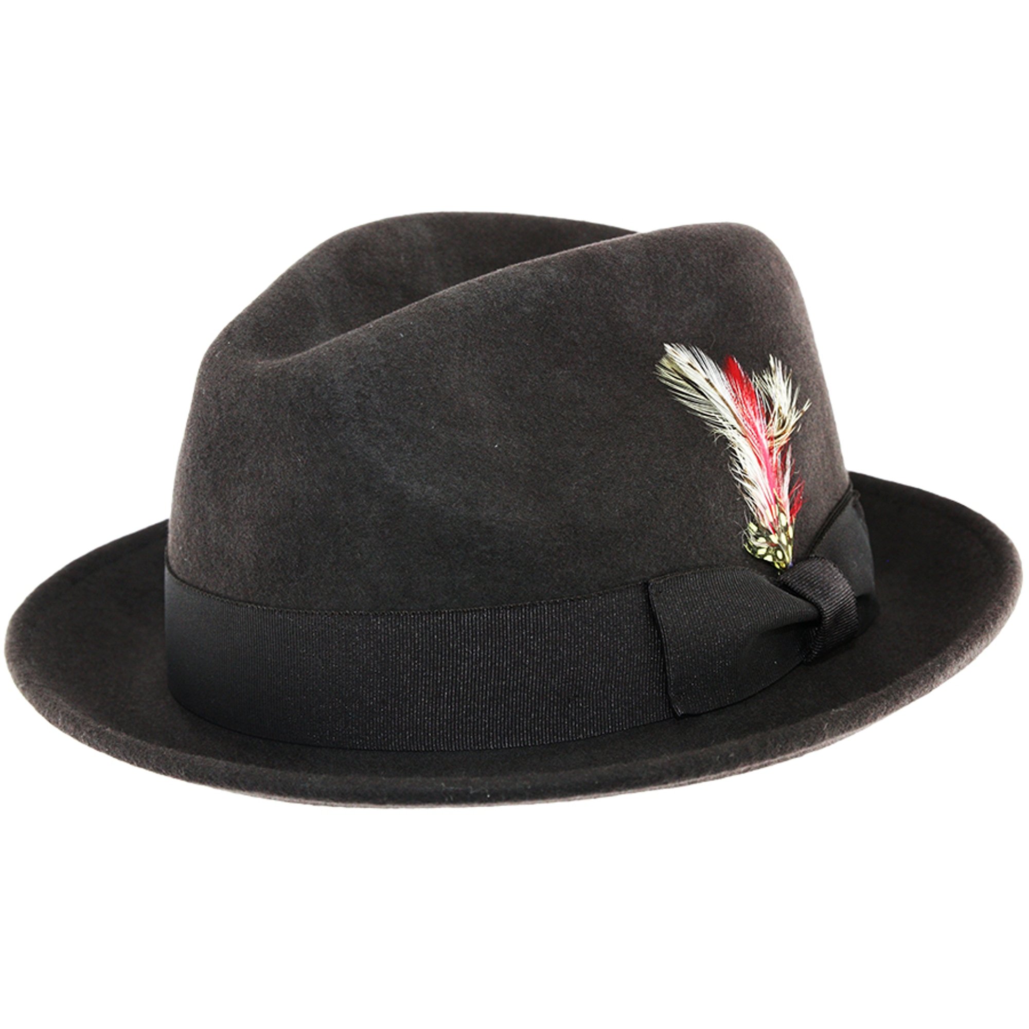Maz Men's Brown Unisex Crushable Hand Made C-Crown Felt Fedora Trilby Hat With Removable Feather 100% Wool Including Cleaning Brush (Large, )