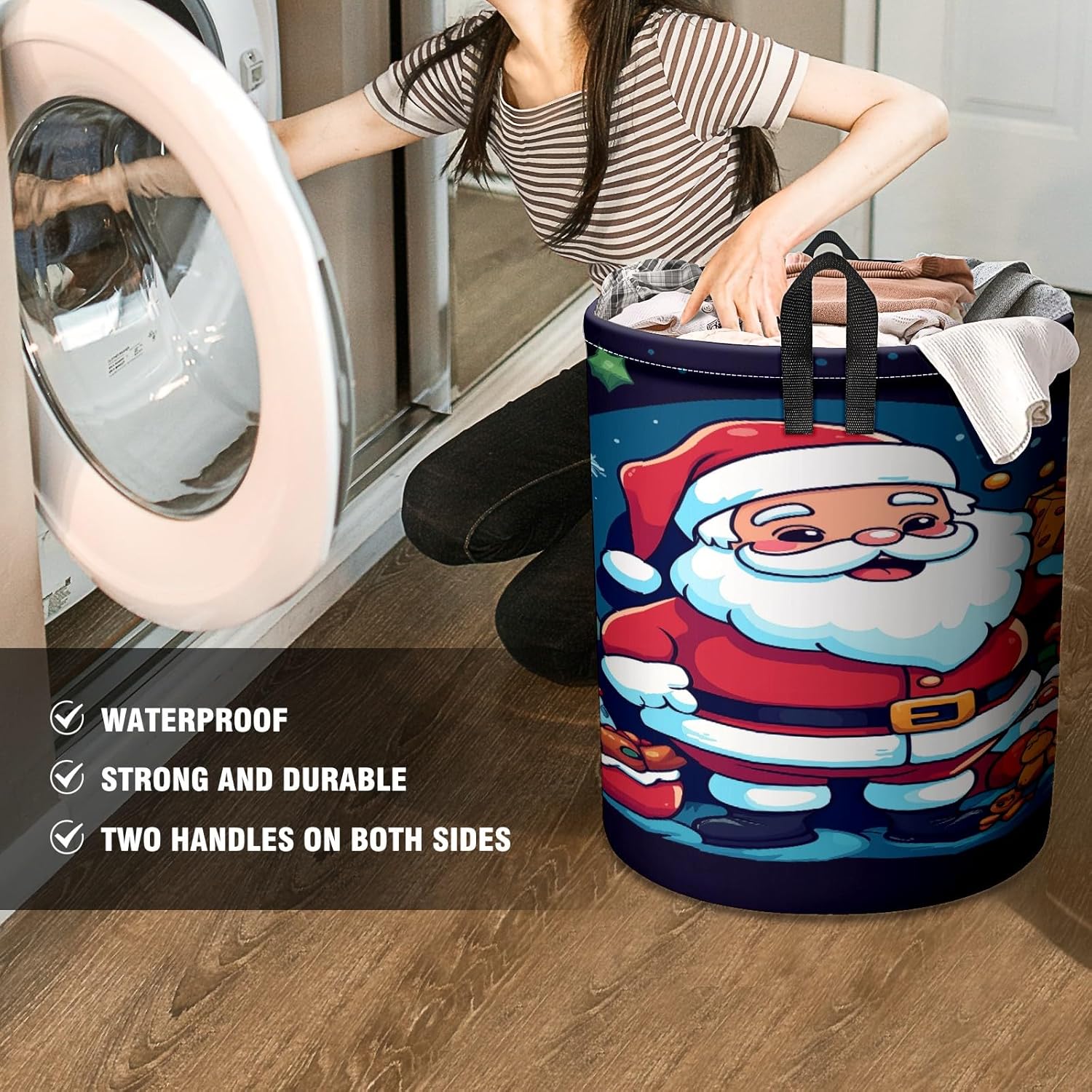 Dark Blue Santa Clause Gift Large Laundry Hamper Foldable Waterproof Dirty Clothes Basket Dorm Clean Laundry Baskets