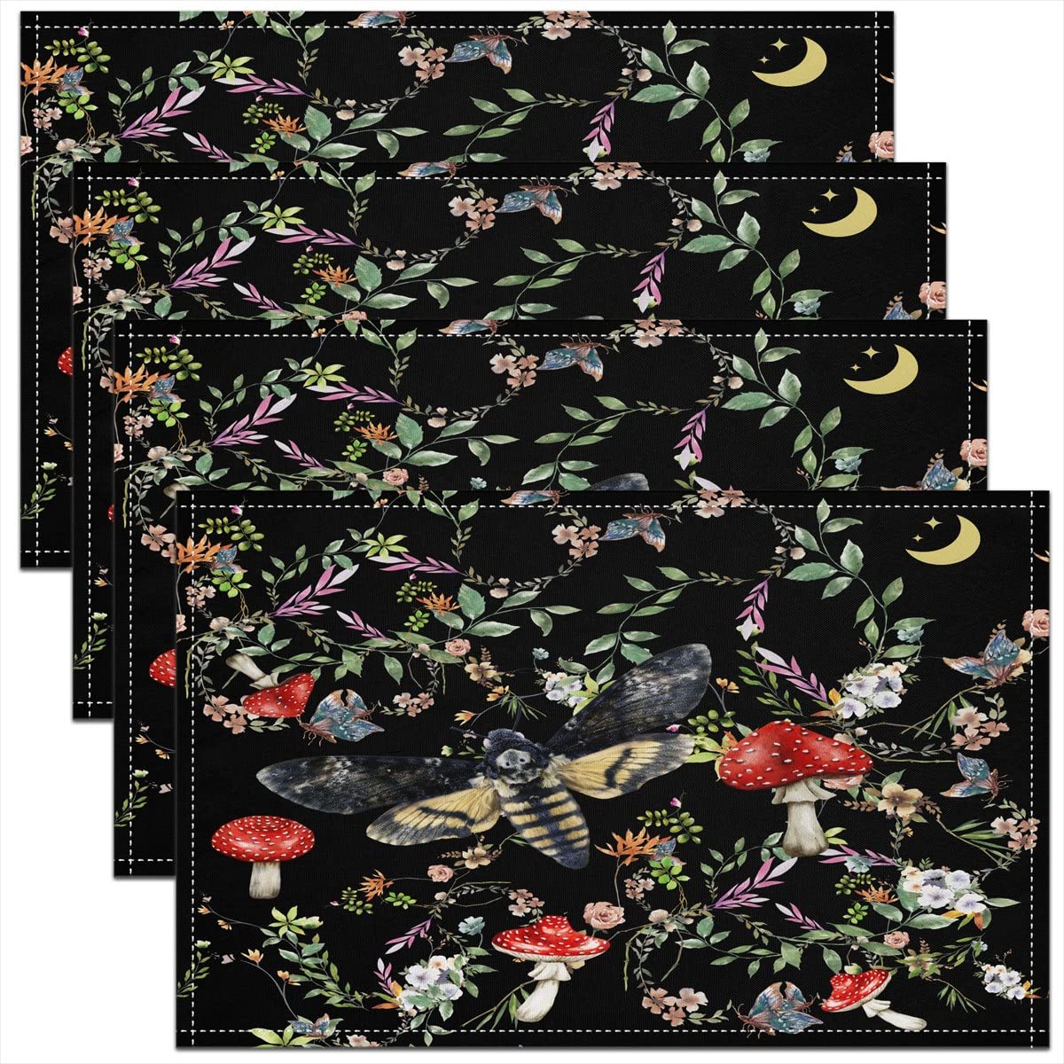 Cute Mushroom Placemat for Kitchen Dining Table Indoor Outdoor,Kawaii Fungus Placemats Set of 4 Wild Mushroom Stuff Table Place Mats, Floral Moth Placemats 45x30cm