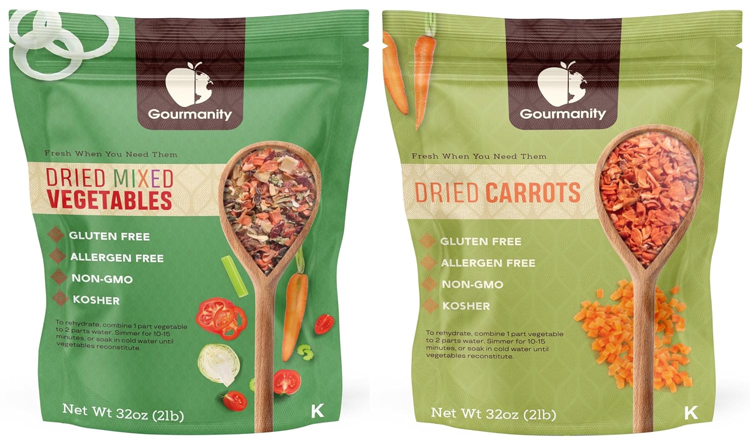 Gourmanity 2 lb Dehydrated Mixed Vegetables and Dehydrated Carrots Bundle, Resealable Bag, Dried Ramen Vegetable Soup Mix