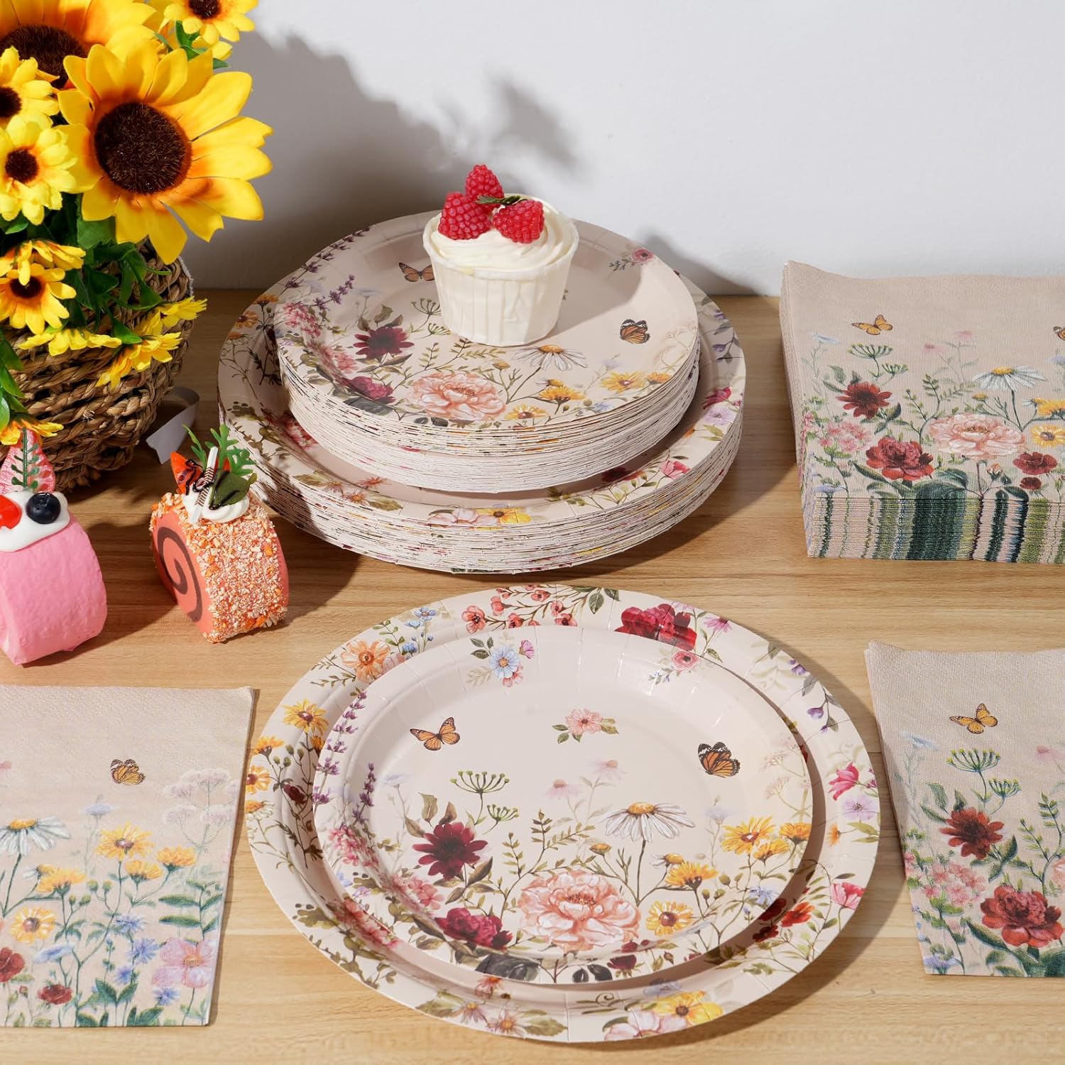 200pcs Floral Paper Plates Napkins Set,50set Disposable Wildflower Plate and Napkin for Spring Party,Bridal Shower,Wedding,Baby Shower,Birthday,Easter and Mothers Day Decorations - Image 4