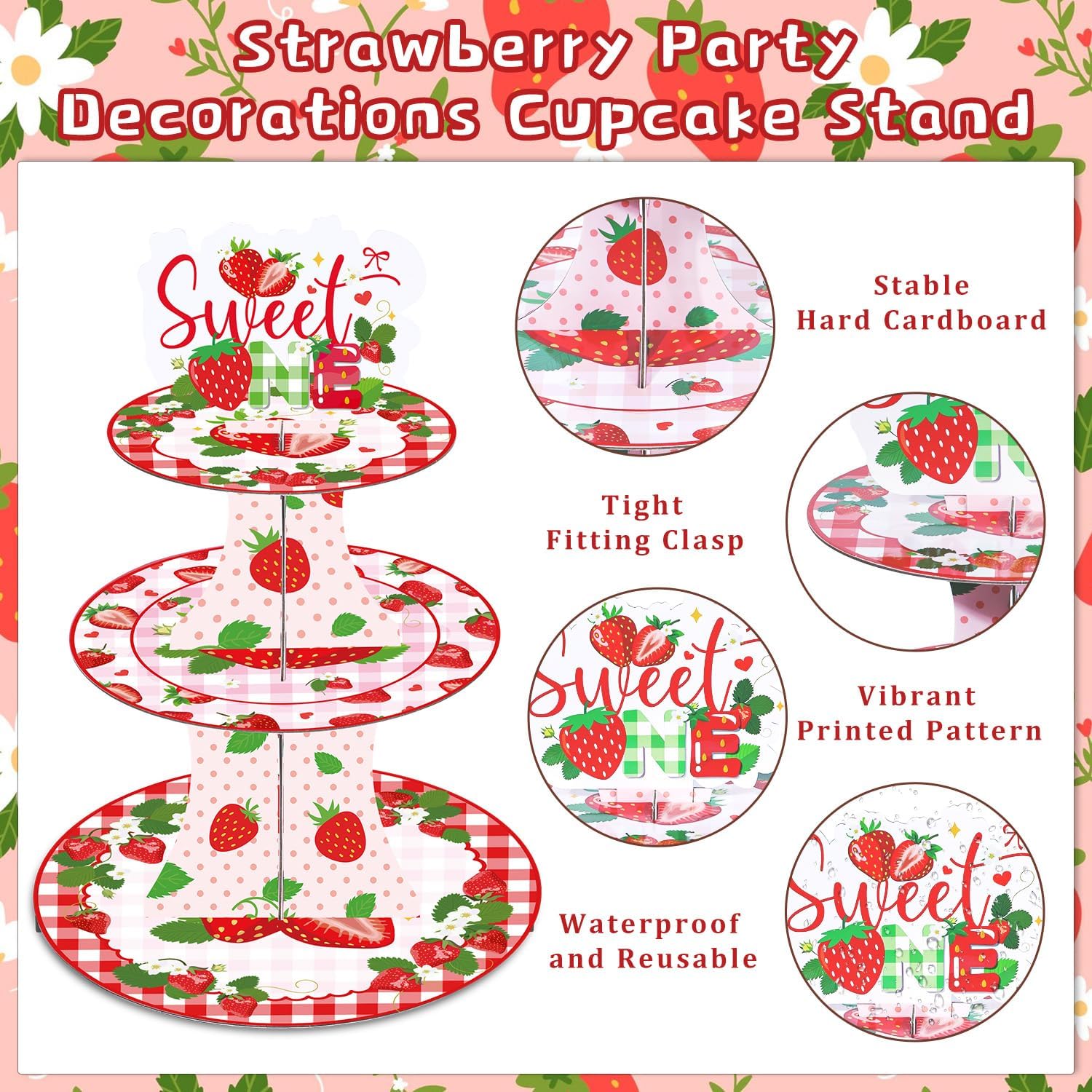 Keluna Strawberry Birthday Party Decorations - 3 Tier Berry First Cupcake Stand Reusable Party Supplies Dessert Tower Holder for Sweet One Birthday Baby Shower Girl