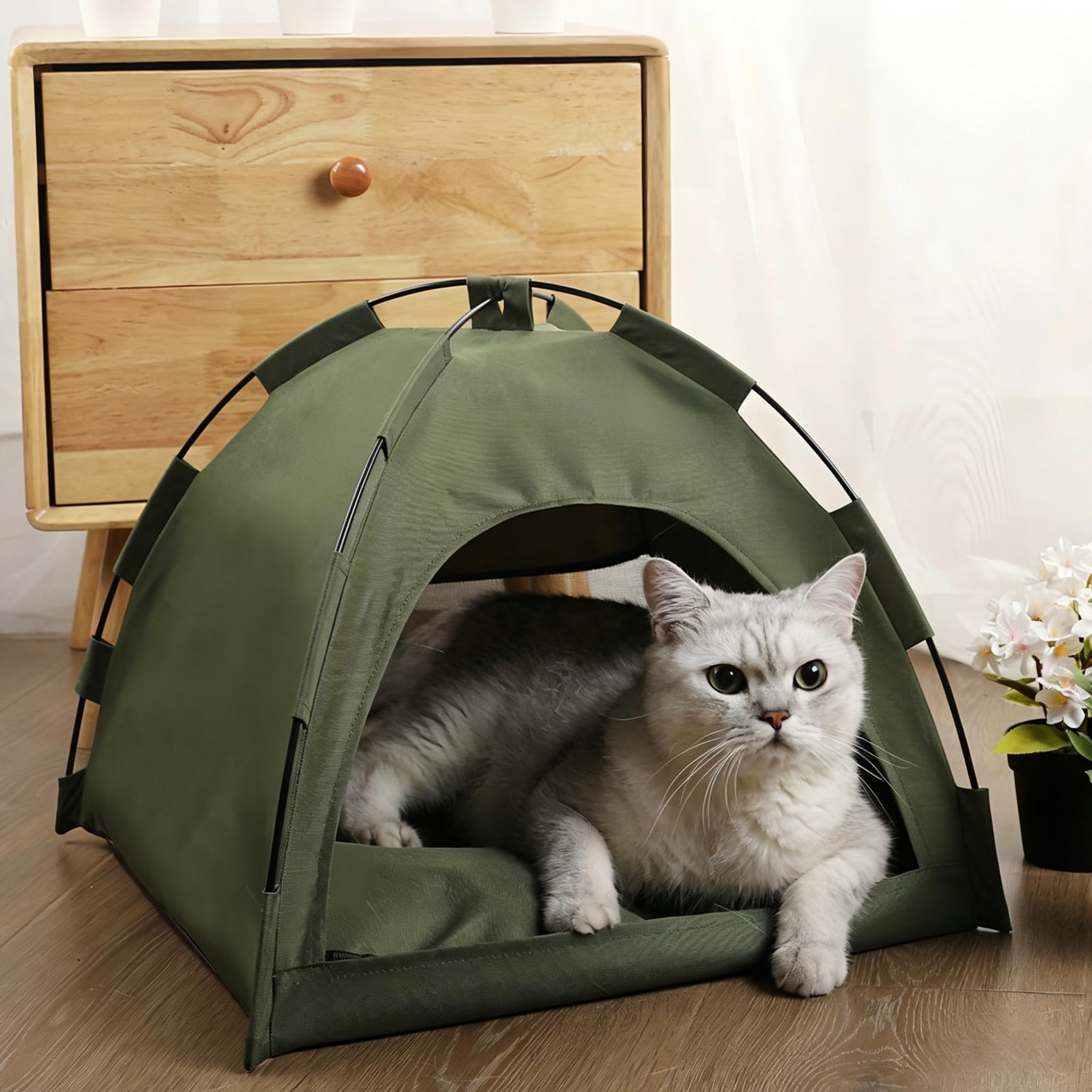 Tente tipi pour animaux de compagnie, tente pour chien et chat avec coussin en peluche, tentes pour animaux de compagnie, maisons pour chats et chiens (vert armée, L : 50 x 50 cm (convient aux animaux