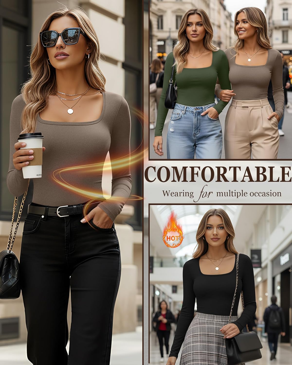 Huukeay 3 Pack Women's Thermal Long Sleeve Shirts Fleece Lined Square Neck Fitted Warm Winter Tops Base Layer Underwear - Image 2