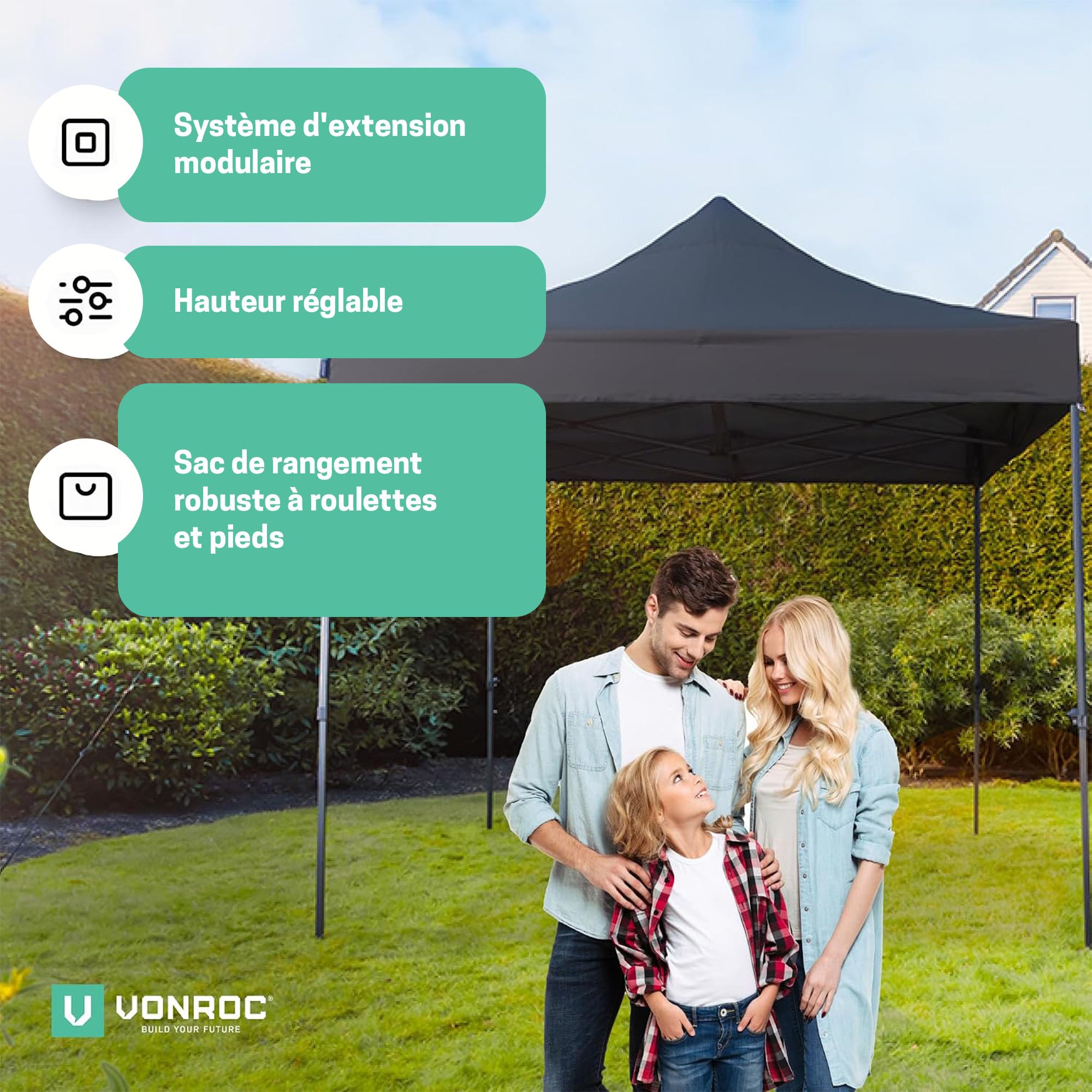 VONROC Tente Easy-Up - 3x3 m – Pliante - Design Modulaire : Auvent, Tonelle, Chapiteau, Marchés Saisons – Pliable – Imperméable – Cadre en Acier - Protection UV 50+ - Noir - Sac de Rangement Inclus