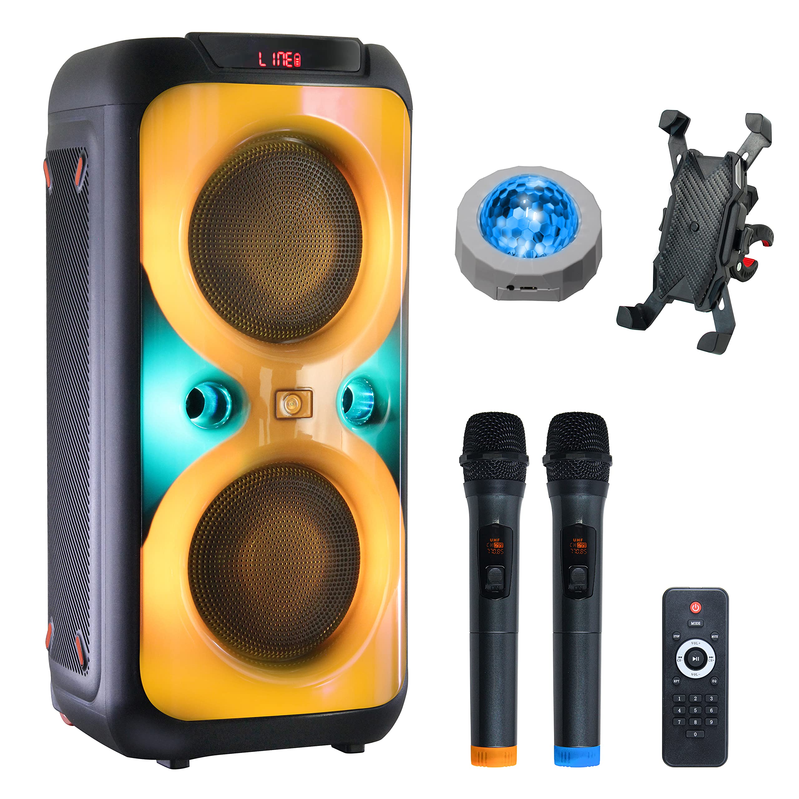Photo 1 of ELIRIRA Dual 8" Subwoofer,Portable Outdoor BT Party Loud Karaoke Speaker PA System?Wireless Microphones,Remote?Recording, Ten Kinds of DJ Lights,Bass Boost Supports TWS/REC/AUX/MP3/USB/TF/FM
