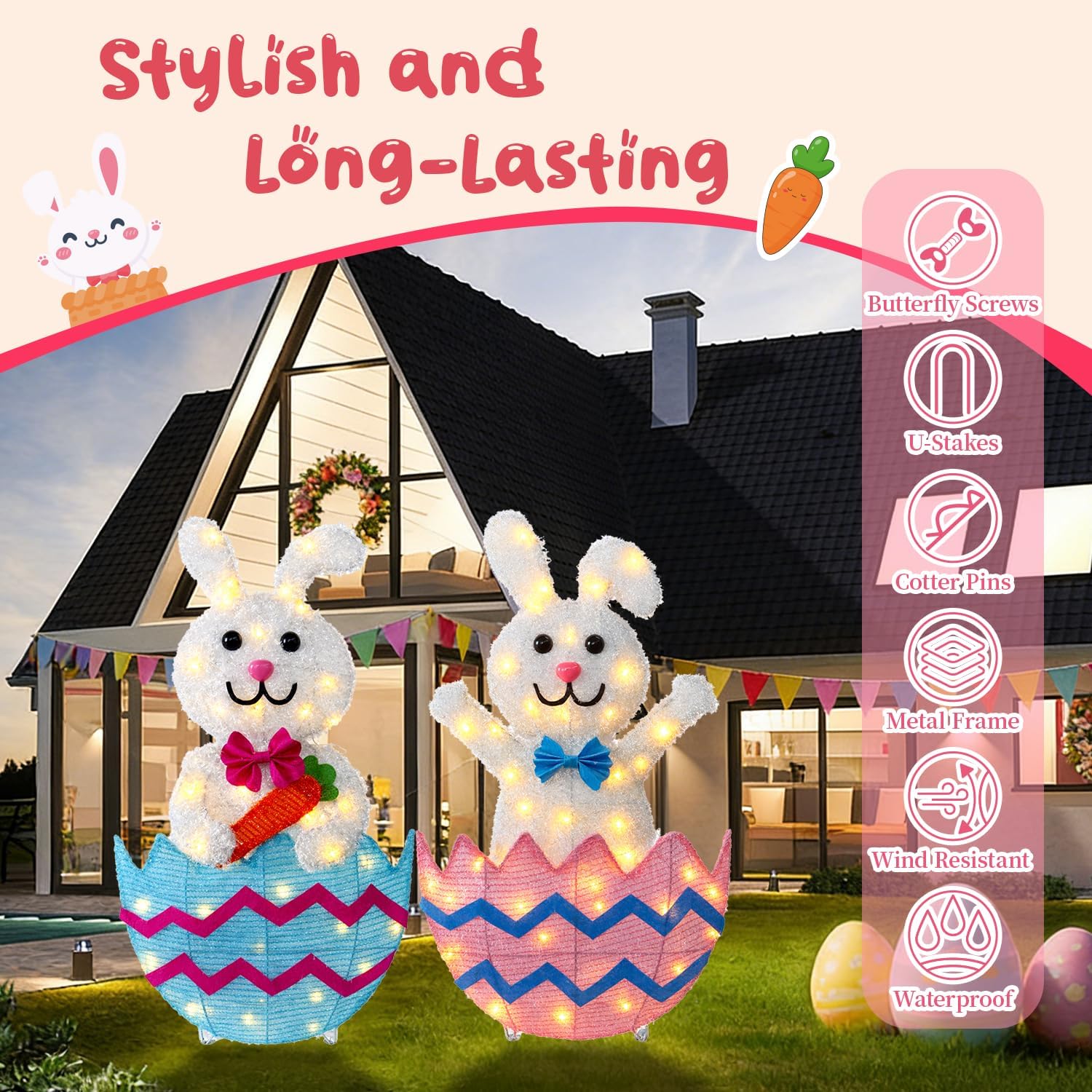 Outdoor Easter Decorations Yard Decor, Set of 2 Lighted Metal Bunny, 35 Inch Wide, Lights Plug in LEDs for Porch Lawn Garden Holiday Displays