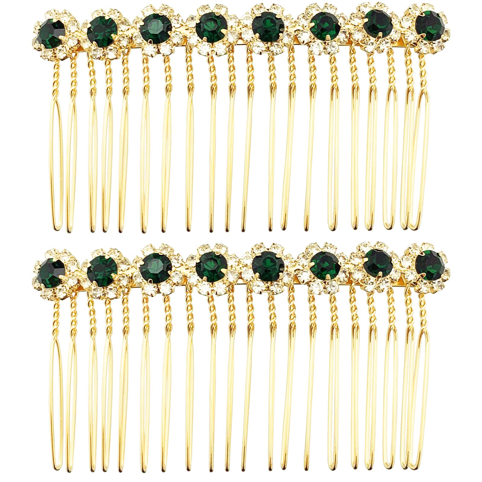 Bridal Green Crystal Flower Gold French Hair Combs Accessories, 2 Pieces