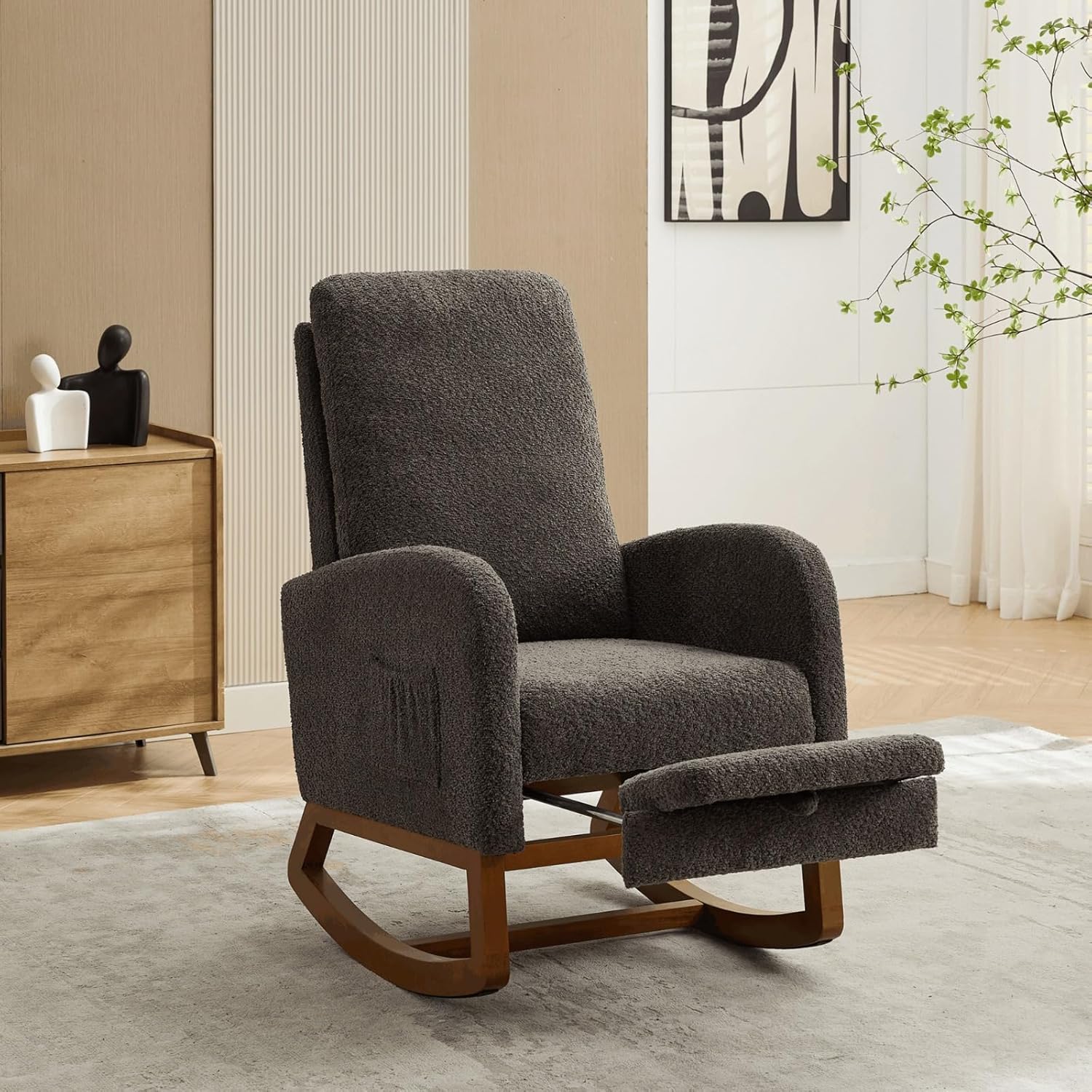 25.4" W Rocking Chair for Nursery, High Back Glider Chair with Retractable Footrest, Side Pocket, Rocking Accent Armchair with Rubber Wood Legs for Living Room/Bedroom (Charcoal)