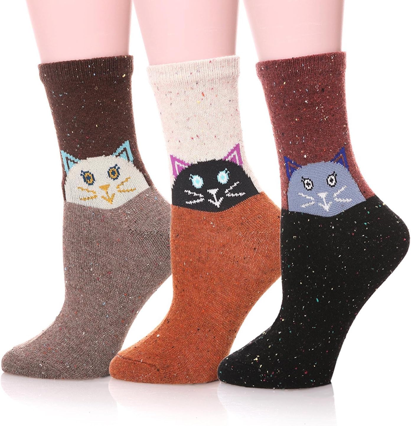 LANSHULAN Women's Casual Cartoon Cute Socks 3 pairs (Cat)