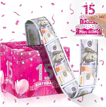 15th Birthday Gifts for Girls Hot Pink 15th Birthday Money Box for Cash Gifts Pull Surprise Bday Money Gift Boxes with Pull Out Card for Kids Pink 15th Bday Christmas Party Supplies