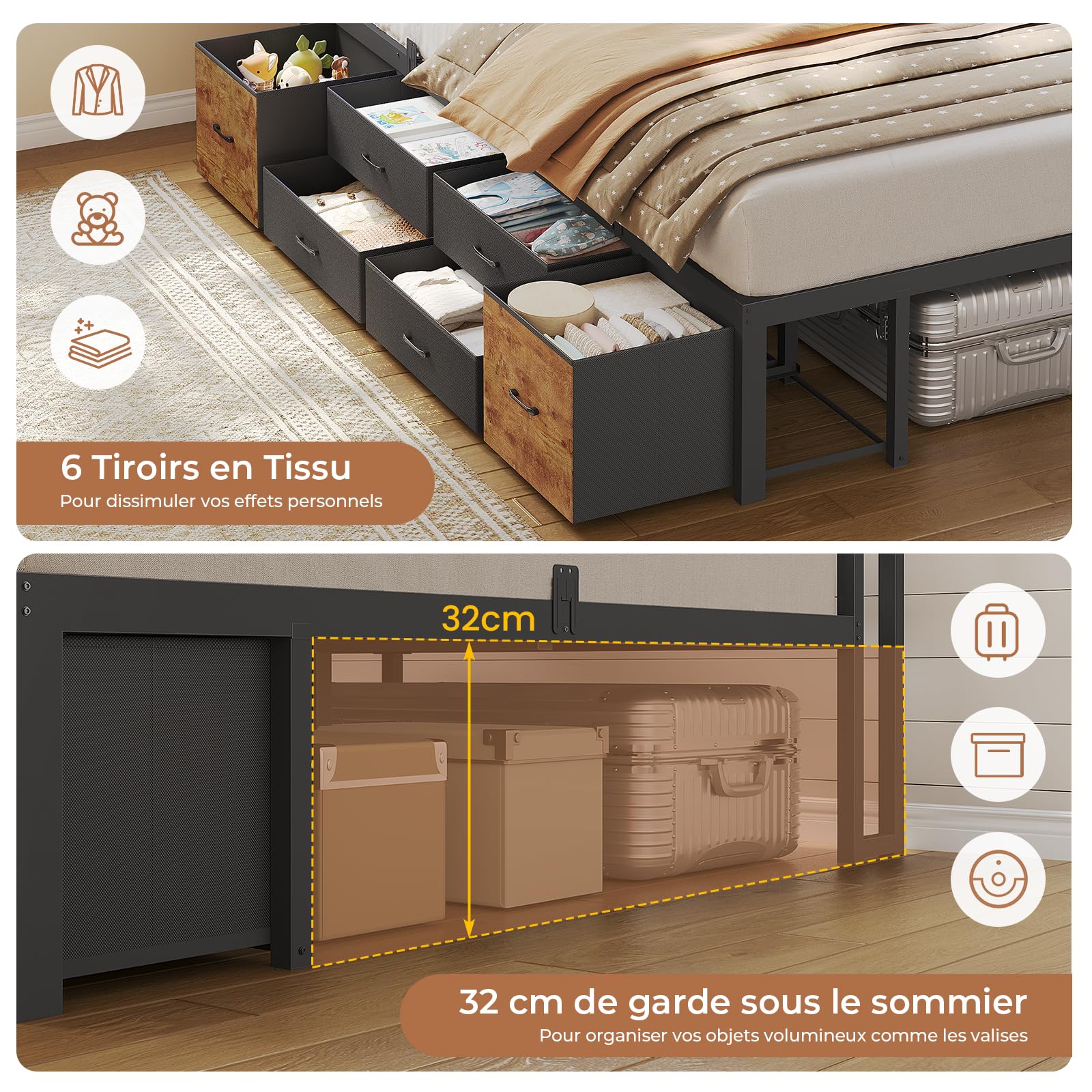 AOGLLATI Canapé Lit avec Dossier Réversible, Éclairage LED et Multiprise, Lit 140x190 avec Sommier en Métal, 3 Niches Ouvertes et 4 Tiroirs sous Sommier 140x190, Canapé Convertible Marron Vintage