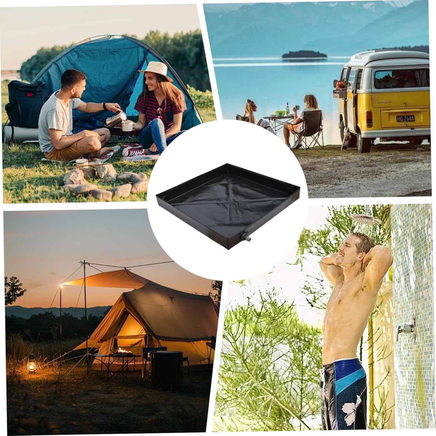 Camping Shower Mat, 41x41'' Collapsible Shower Base with Wrapped Edges Rapid Drainage Waterproof Pan with Heavy Duty Bottom for Outdoor Camping.