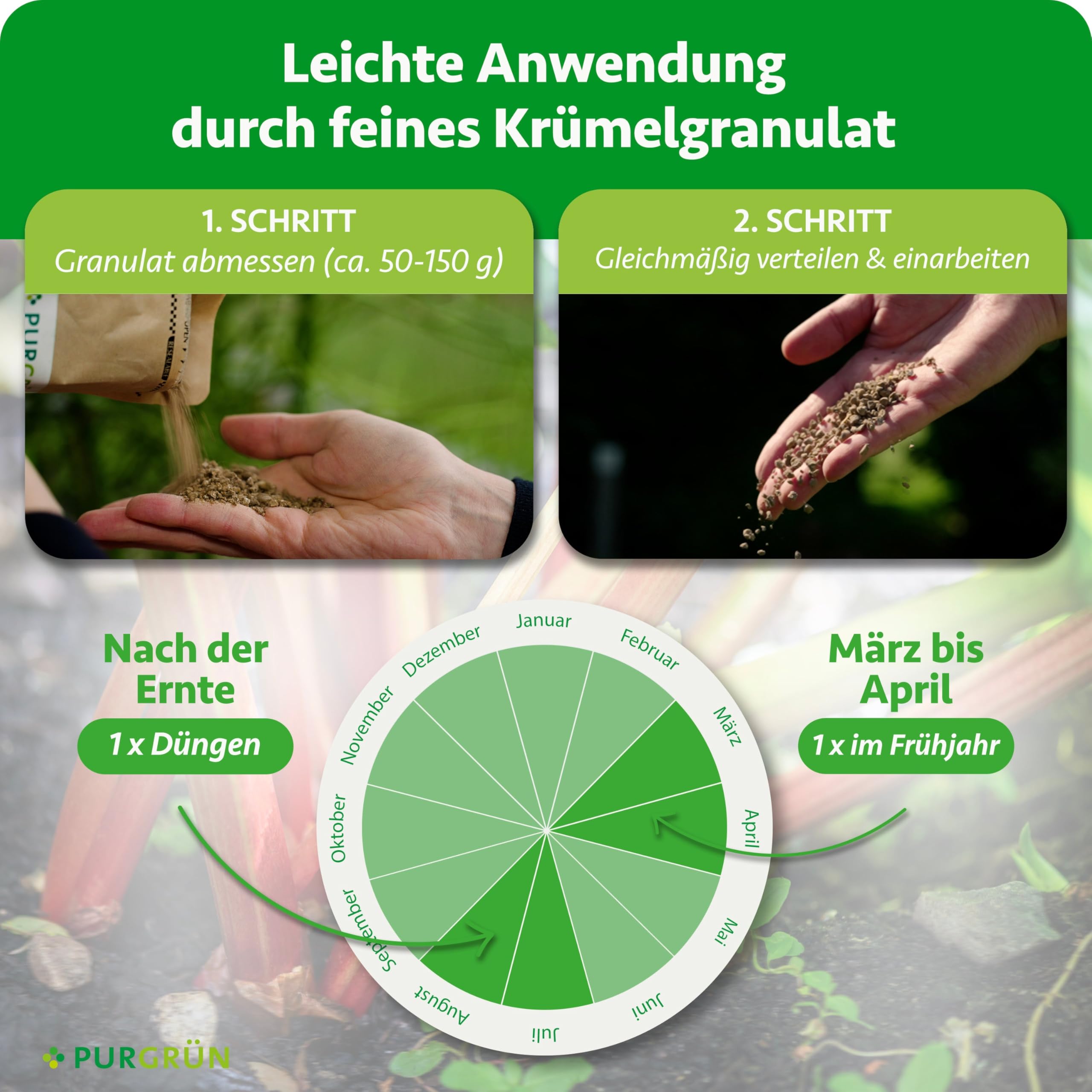 Bio-Rhabarber-Dünger 1 kg – Organisch-mineralische Rezeptur – Feinkörniges Krümelgranulat – NPK 6+4+5 – Mit Magnesium für aromatischen Rhabarber – Verbessert die Bodenqualität