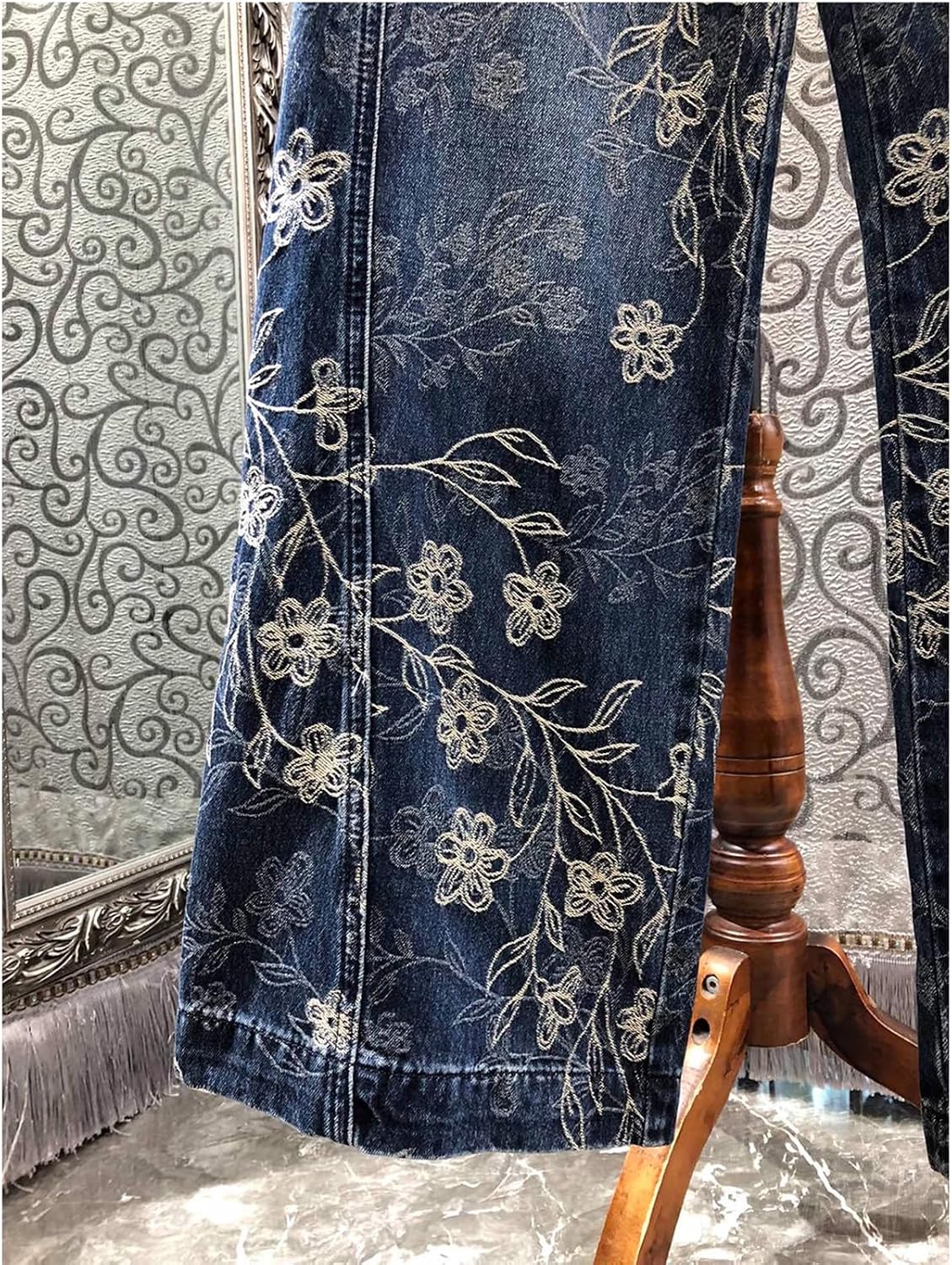 Straight Leg Jeans for Women Trendy High Waist Floral Embroidered Casual Denim Pants