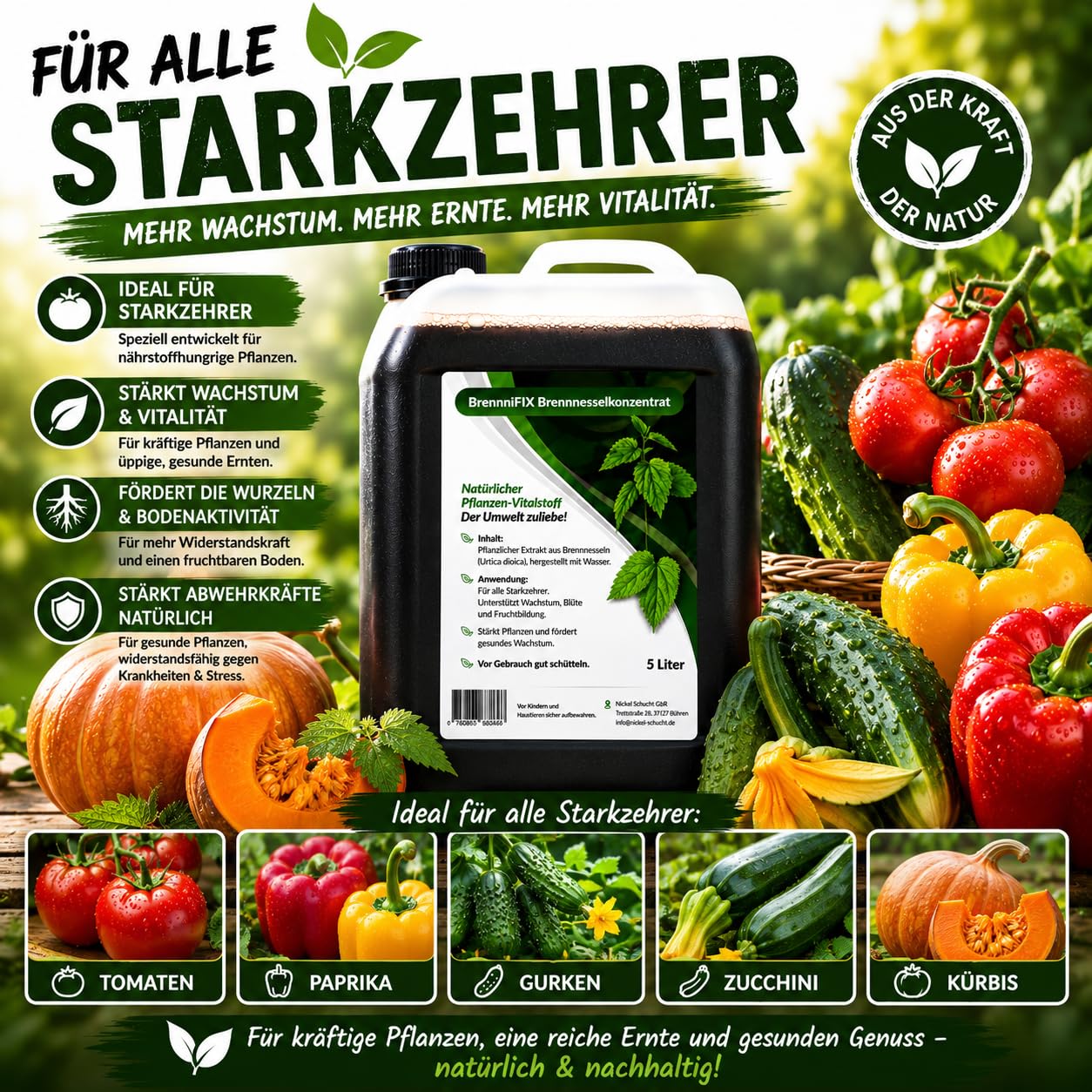 organischer Dünger für alle Pflanzen-Arten, Gemüsedünger flüssig aus Brennnessel-Konzentrat, Brennesseljauche zur Blattlaus-Bekämpfung, Tomatendünger 5L