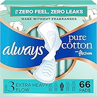 Always Pure Cotton FlexFoam Pads with Wings, Size 3 Extra Heavy Flow, Unscented - Zero Leaks, Zero Feel Protection, 66 Count (3x22)