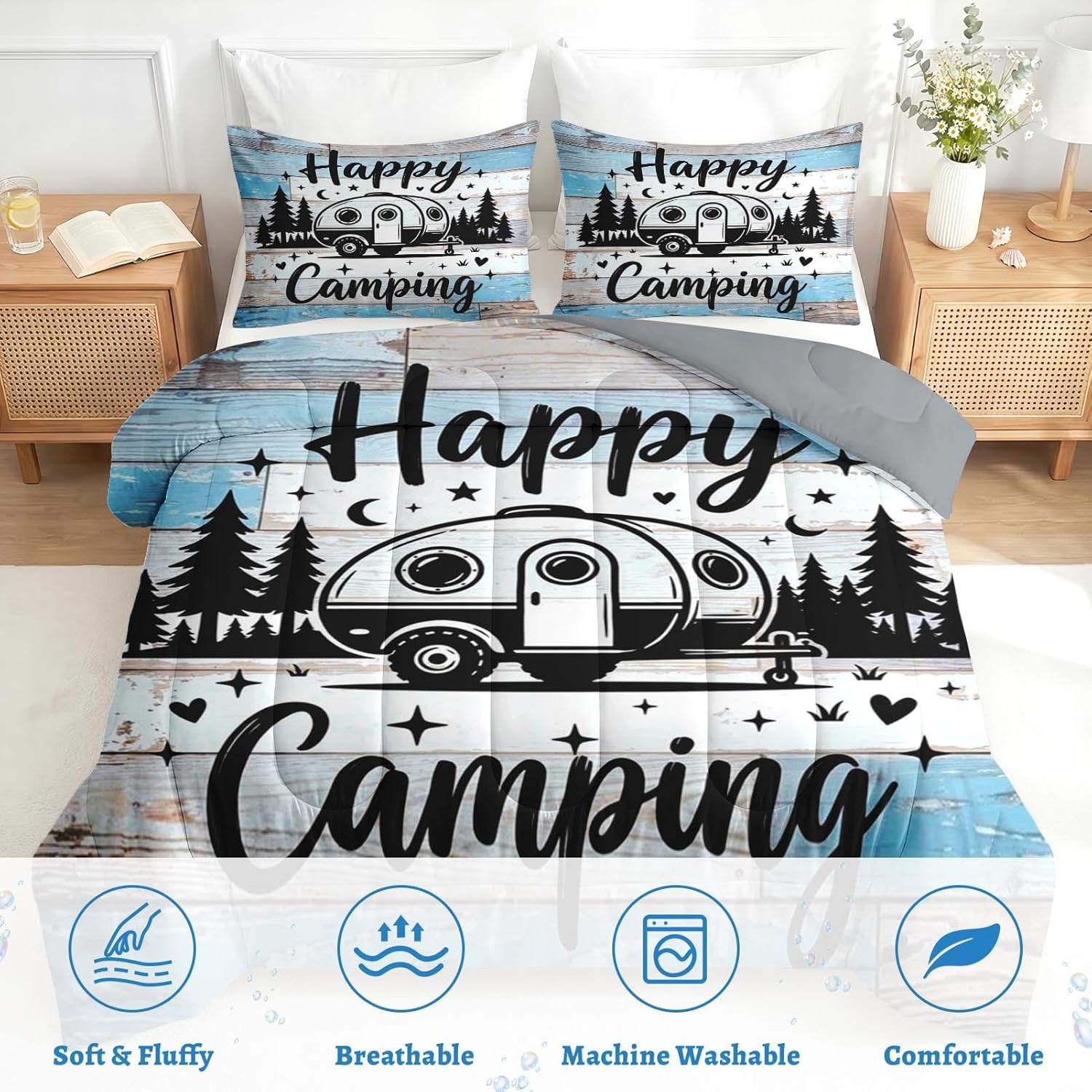 Nesker Queen Comforter Set 3 Pcs, Camping Blue Camp Adventure Bedding for Kids and Adults, Forest Outdoor Retro Bed Set for All Season, Comforter with 2 Pillowcases for Bedroom Bed Decor
