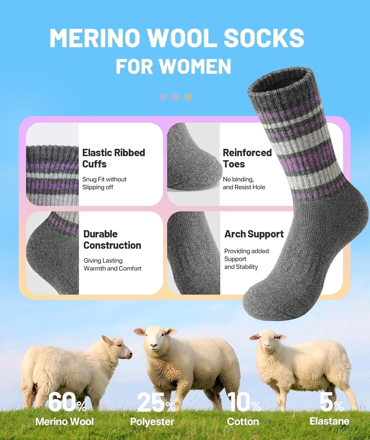 SIMIYA 5 Pairs Merino Wool Socks for Women Winter Thick Warm Hiking Socks Women Thermal Crew Cushion Socks - Image 2