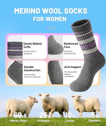 SIMIYA 5 Pairs Merino Wool Socks for Women Winter Thick Warm Hiking Socks Women Thermal Crew Cushion Socks