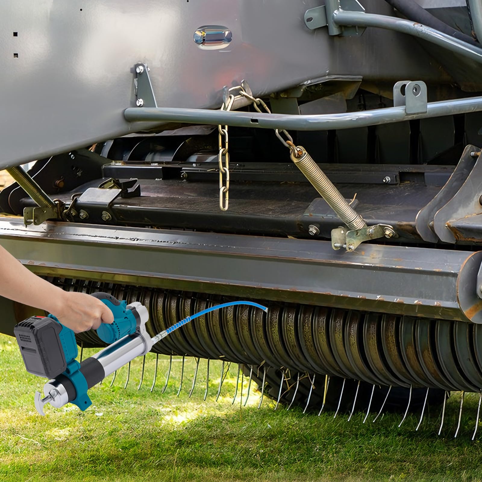 Prensa de grasa eléctrica 21V | Lubricador de alta presión para agricultura e industria – 8500 PSI, tanque de 400cc, 18000 rpm, incl. 2 baterías y bolsa de transporte (Azul)