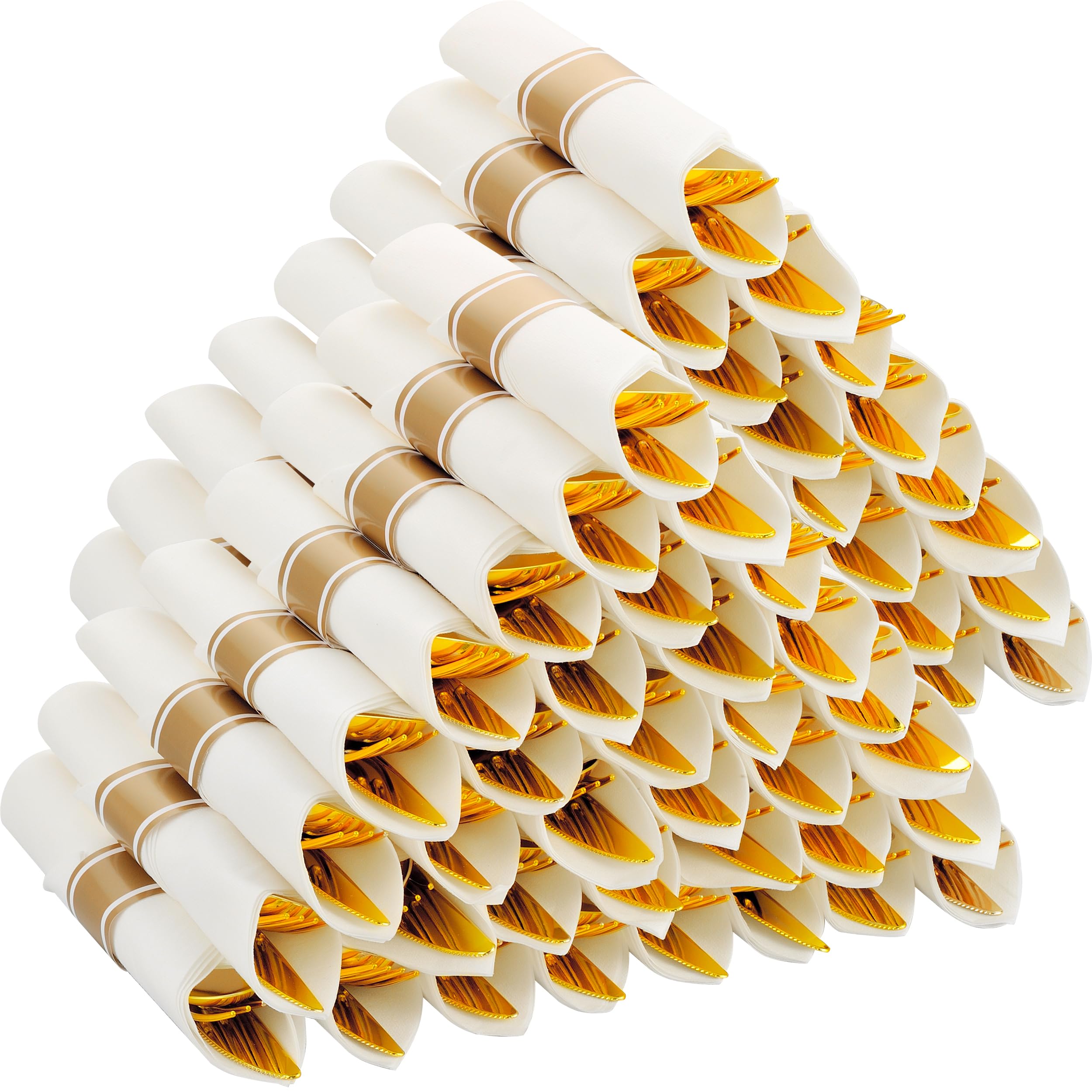 Photo 1 of ISFANGCO 100 Pack Pre Rolled Gold Plastic Silverware Set with Napkins,Disposable Wrapped Heavy Duty Cutlery Set for Wedding Birthday Party-100 Forks,Knives,Spoons,Utensils Set,Plasticware Bulk