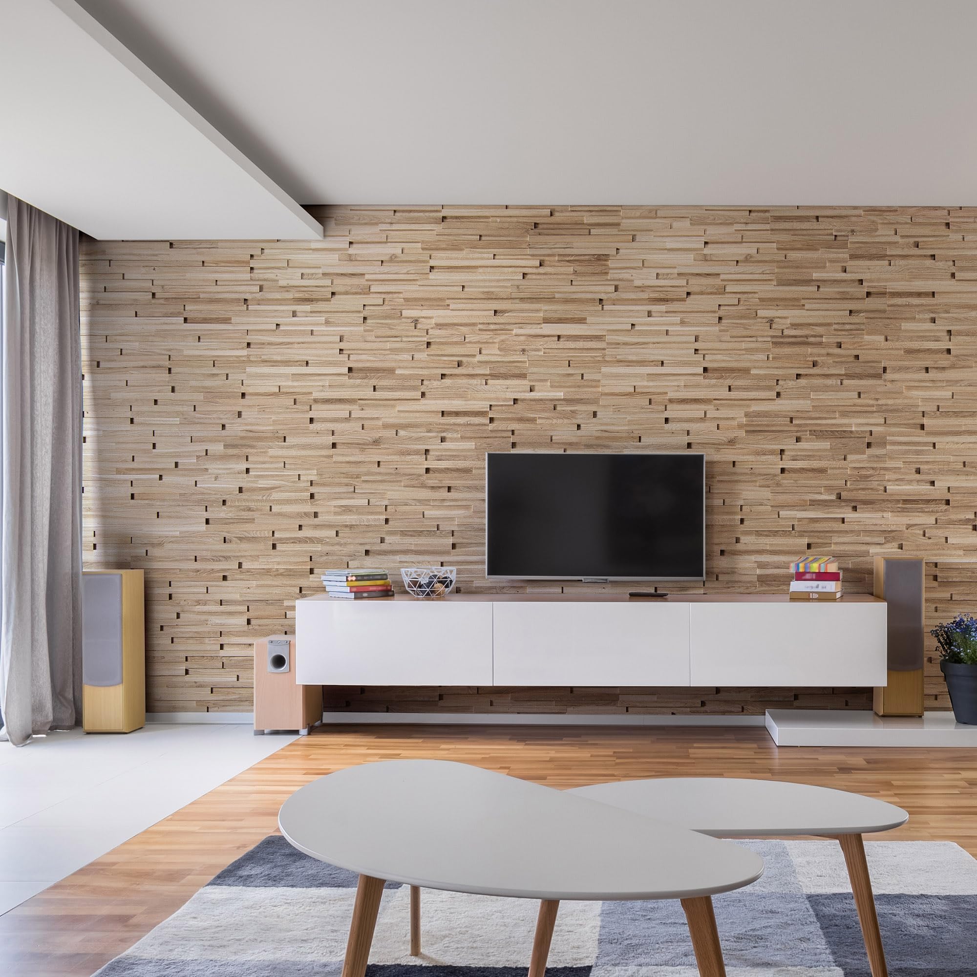 Drewniana okładzina ścienna o wyglądzie 3D, naturalne panele ścienne z drewna dębowego firmy Wooden Wall Design model Correctus (1 m2).