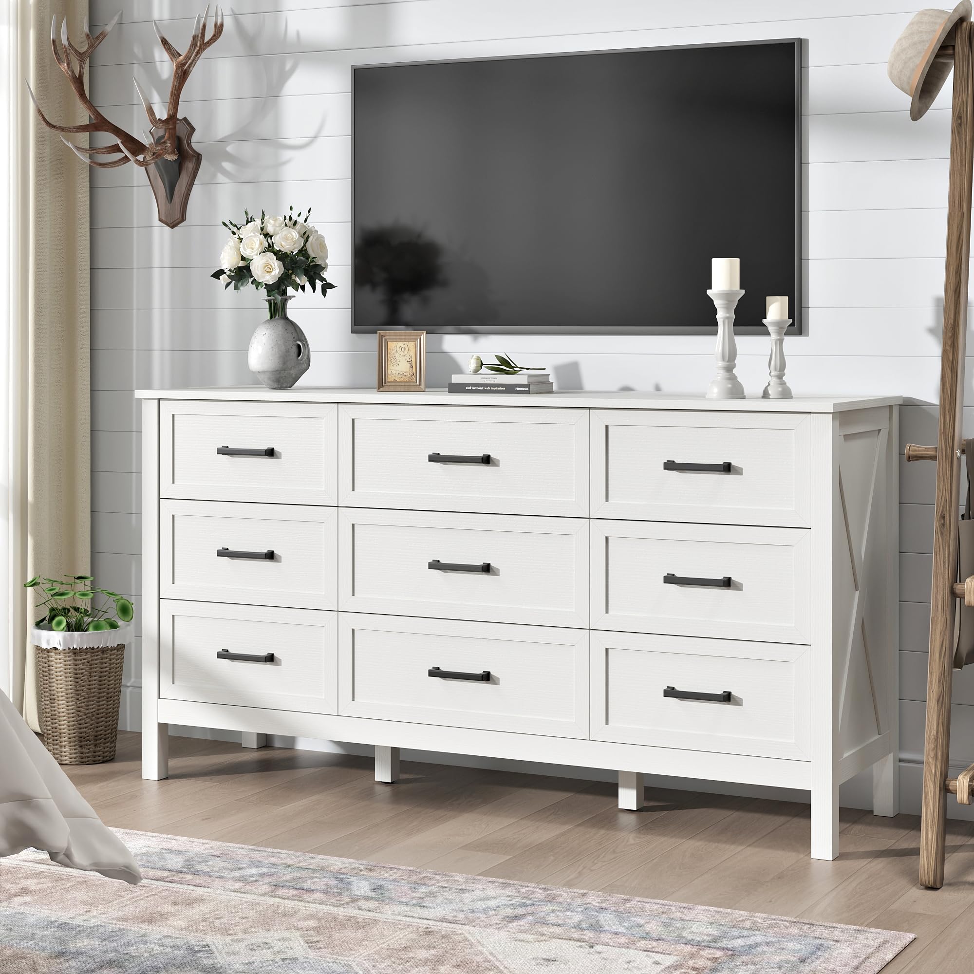 BAZELOR Farmhouse 9 Drawers Dresser for Bedroom, 55" Wide Wood Rustic Chest of Drawers with Natural Texture, Large Dressers for Bedroom, Living Room,