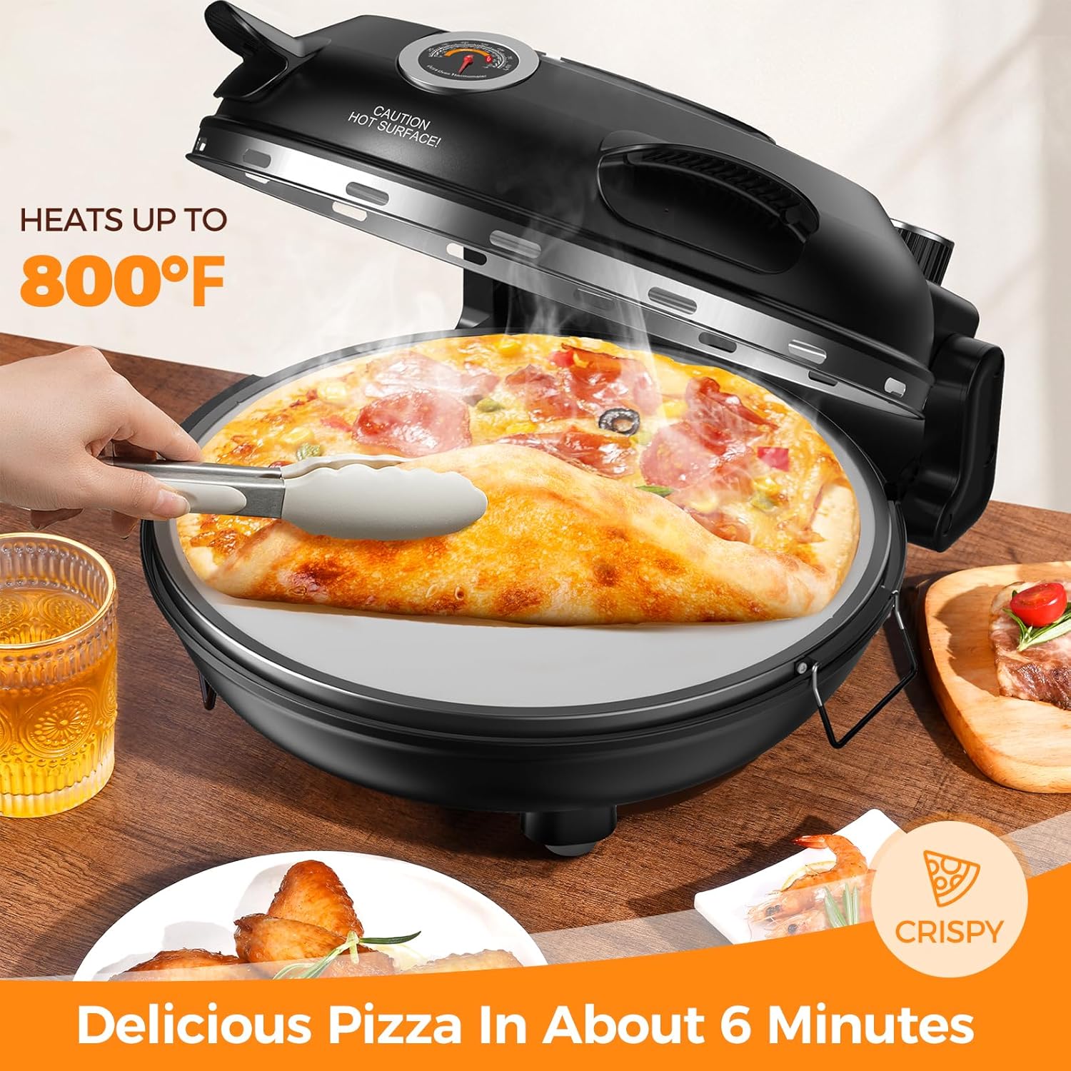 Pizza Oven Indoor Portable, 12 Inch Countertop Indoor Pizza Oven, Pizza Maker Machine For Home, Pizza Cooker with Timer And Temperatures Control Mini Smart, Black, CZP-12SWT