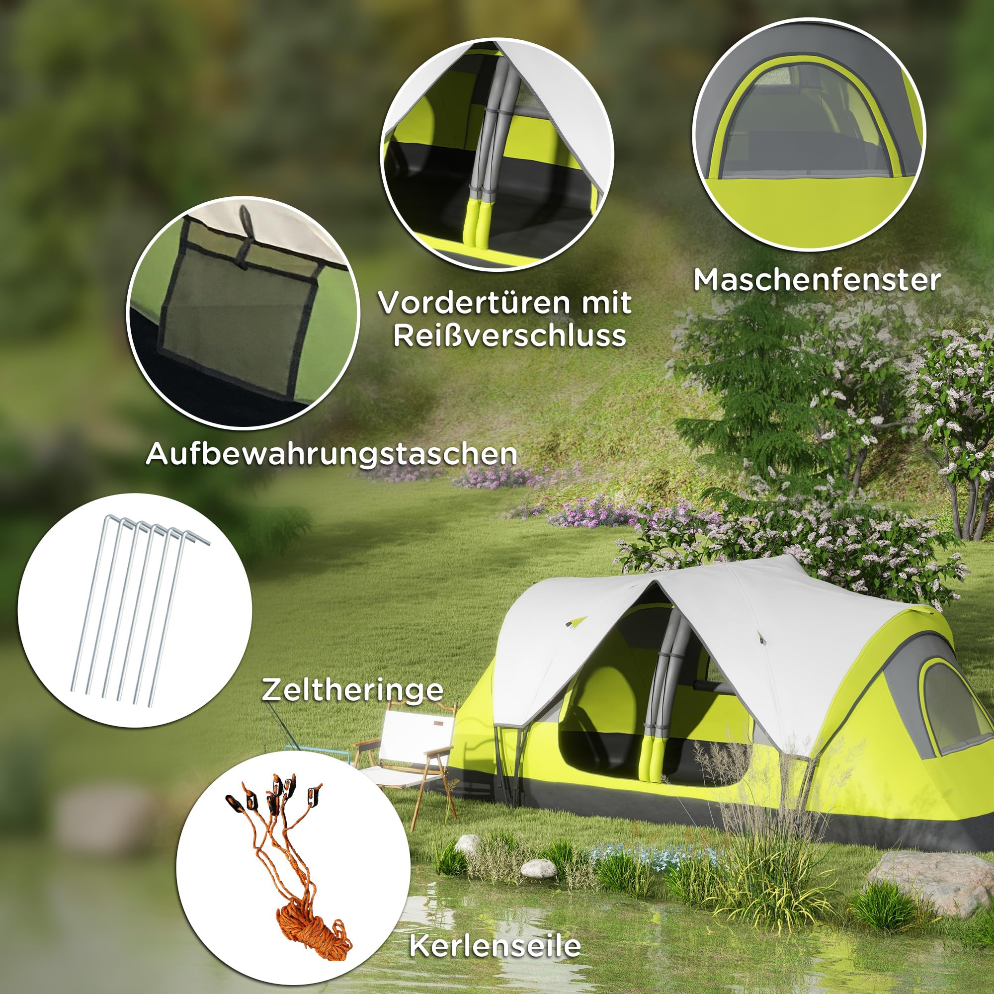 Outsunny Campingzelt, Tunnelzelt für 3 Personen, mit Lichthaken, Meshfenster, 2 Räumen Winddicht groß Familienzelt mit Tragetasche, 2000mm Wassersäule Gruppenzelt für Camping, Garten
