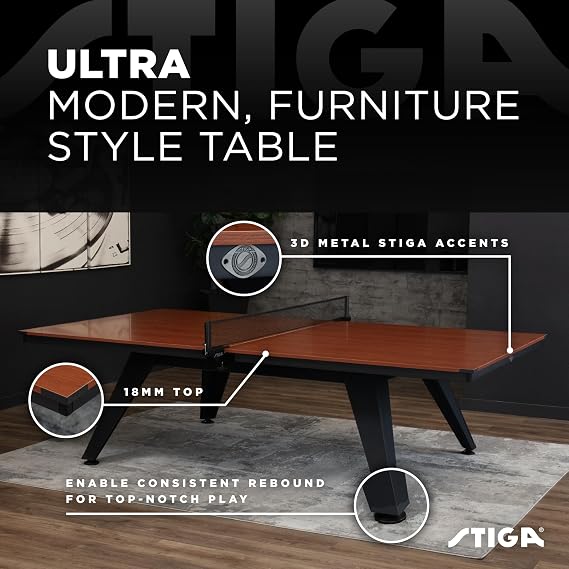 STIGA Ultra Indoor Table Tennis Table 18mm Woodgrain Ping Pong Table with Steel Frame, Tournament Net & Post, Adjustable Leg Levelers, Modern Furniture-Style Design