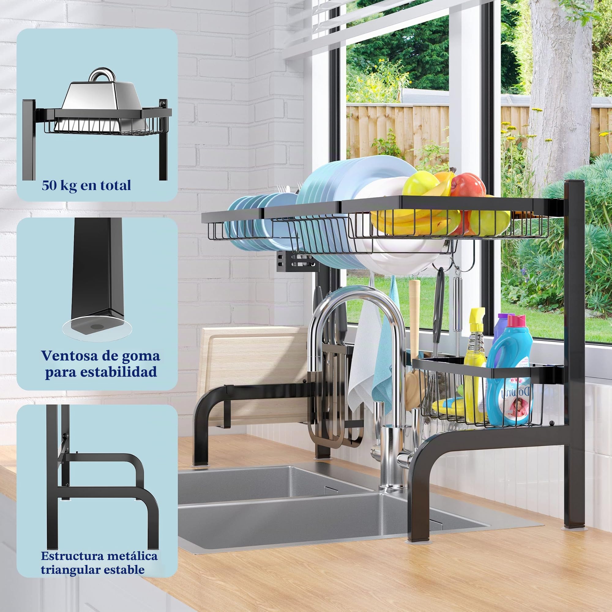 KOMFOTTEU Escurreplatos de Apoyo sobre el Fregadero, Escurridor Multifunción con 2 Niveles, Organizador de Cocina con Longitud Ajustable, Ahorro de Espacio