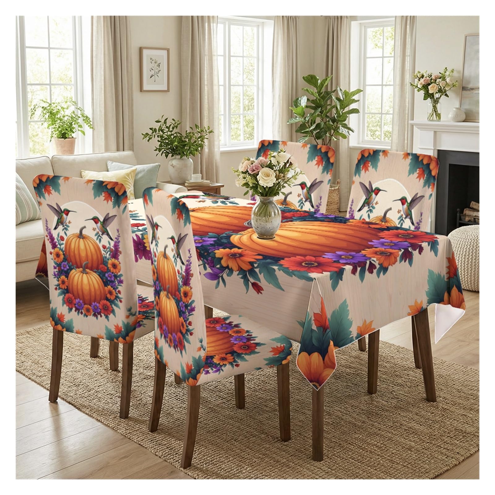 KXUAUV Autumn Hummingbird Pumpkin Print Stretch Dining Chair Covers & Tablecloth Set, 5/7 Pack Party Decor(5pcs Set: Tablecloth+Chair Covers)