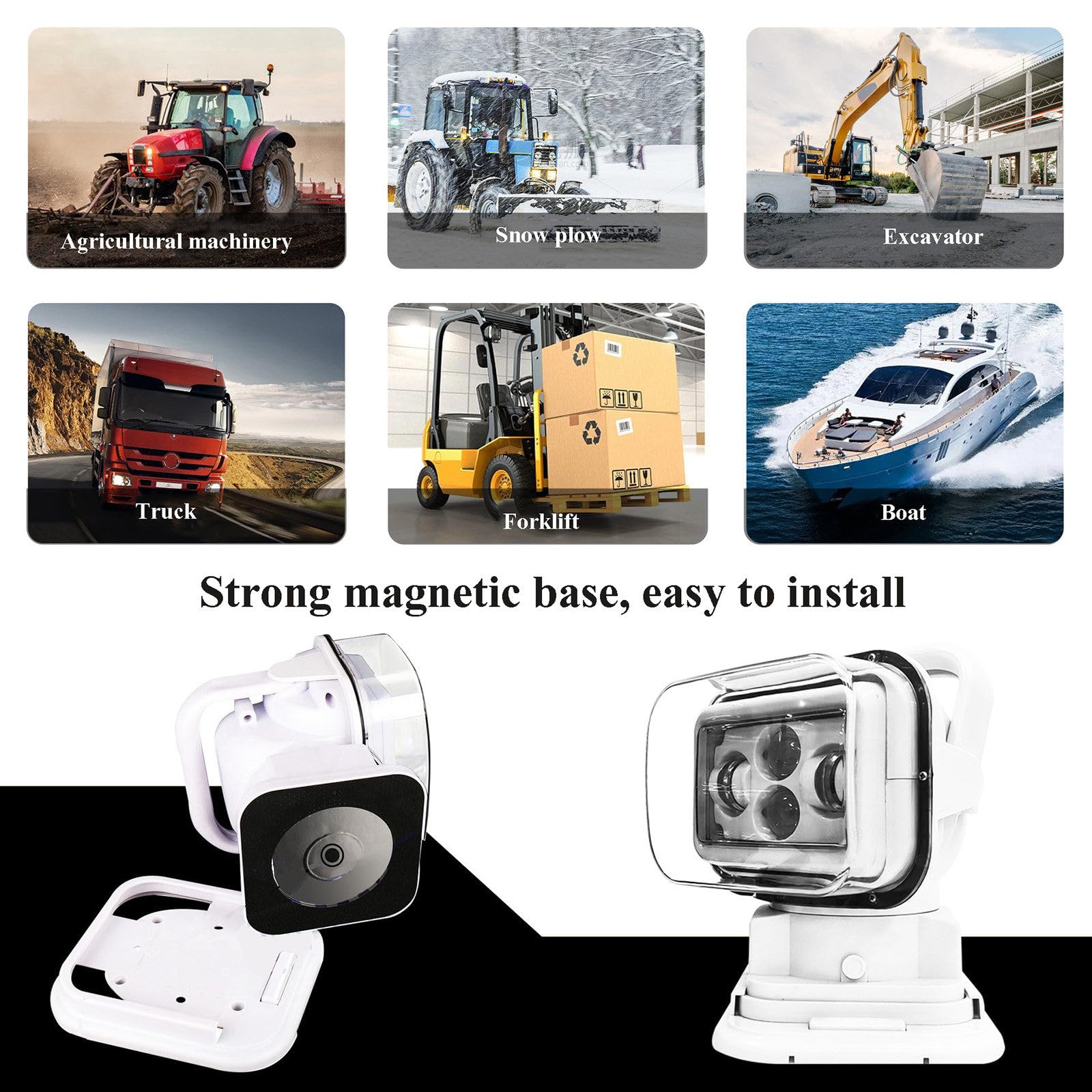 Projecteur LED Haute luminosité/projecteur de Recherche pour Voiture avec télécommande sans Fil, Rotation à 360° 12/24 V, pour véhicules et navires,Black